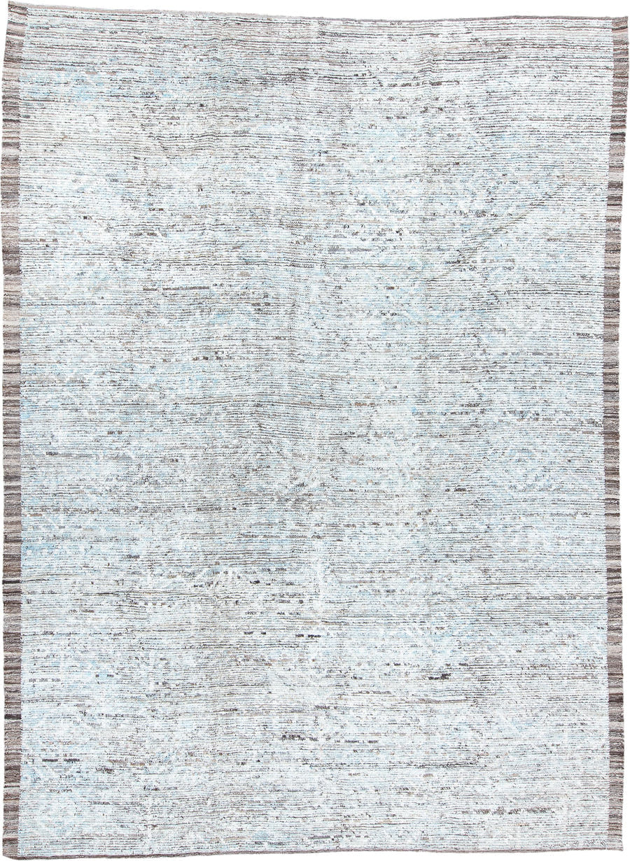 10' x 13' one-of-a-kind handmade vintage Tulu large size rug. Color palette: ivory, pale blue, taupe, brown, gray