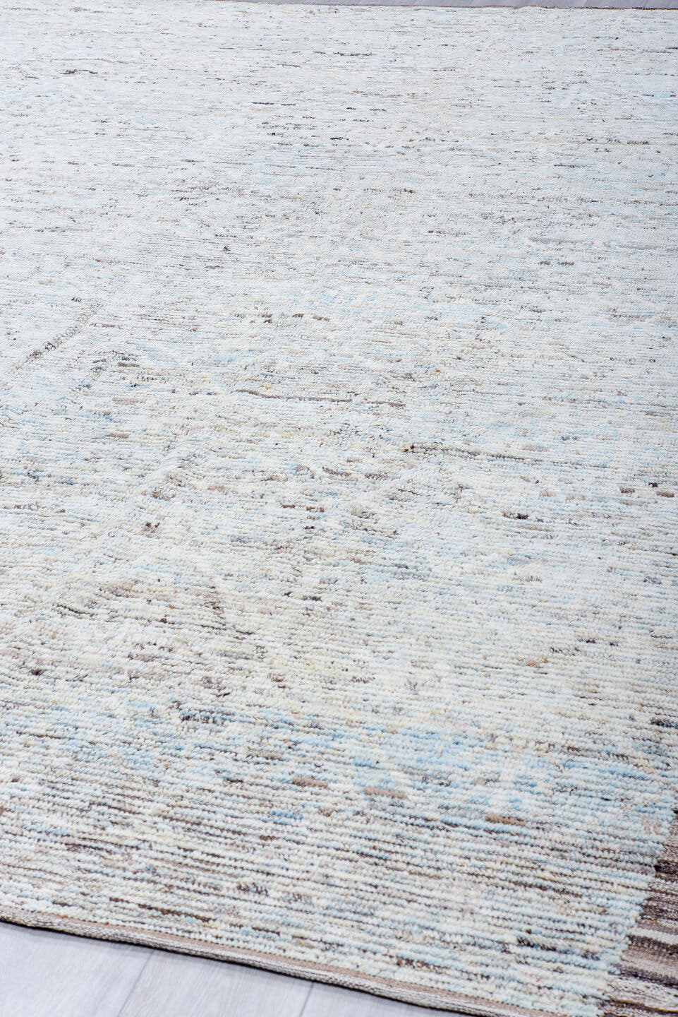 10' x 13' one-of-a-kind handmade vintage Tulu large size rug. Color palette: ivory, pale blue, taupe, brown, gray