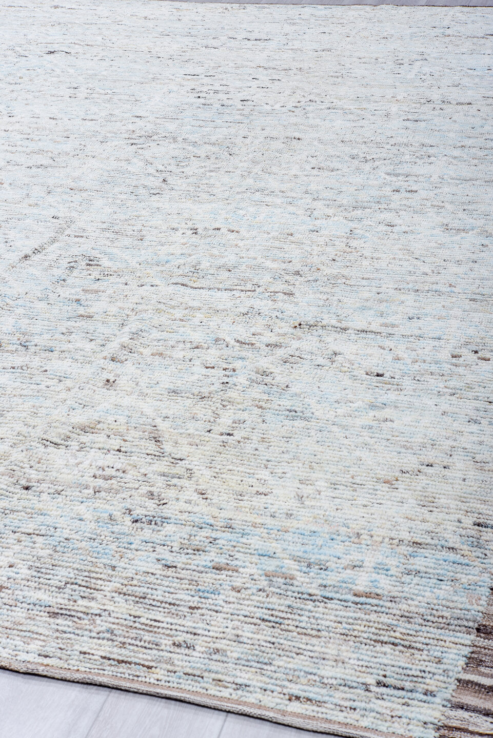 10' x 13' one-of-a-kind handmade vintage Tulu large size rug. Color palette: ivory, pale blue, taupe, brown, gray
