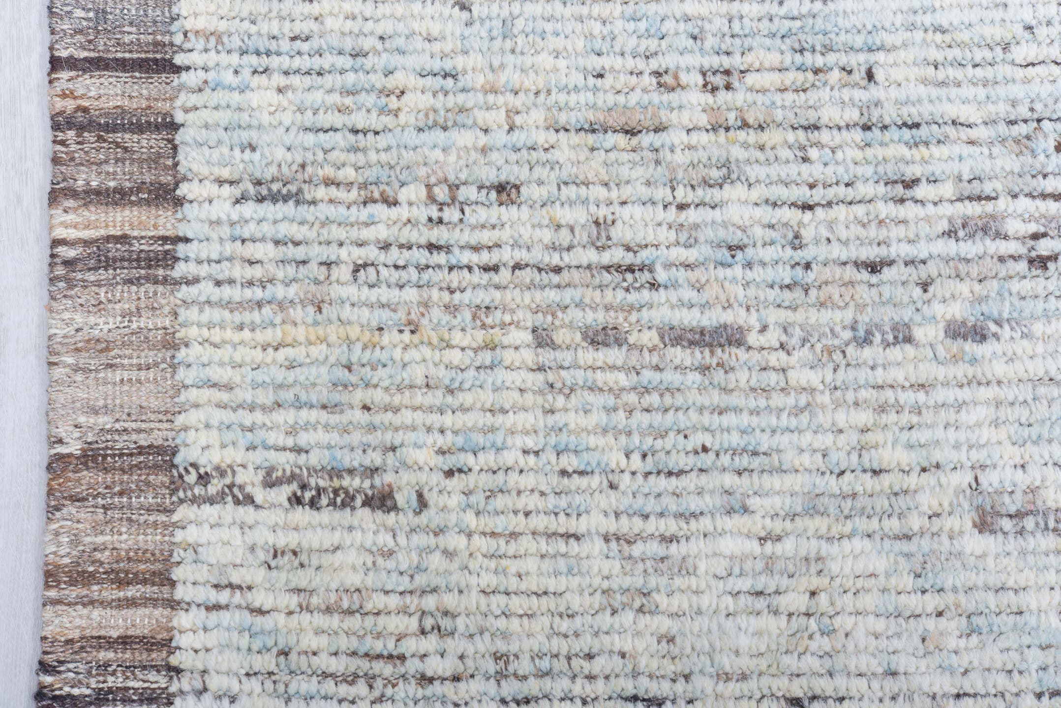 10' x 13' one-of-a-kind handmade vintage Tulu large size rug. Color palette: ivory, pale blue, taupe, brown, gray
