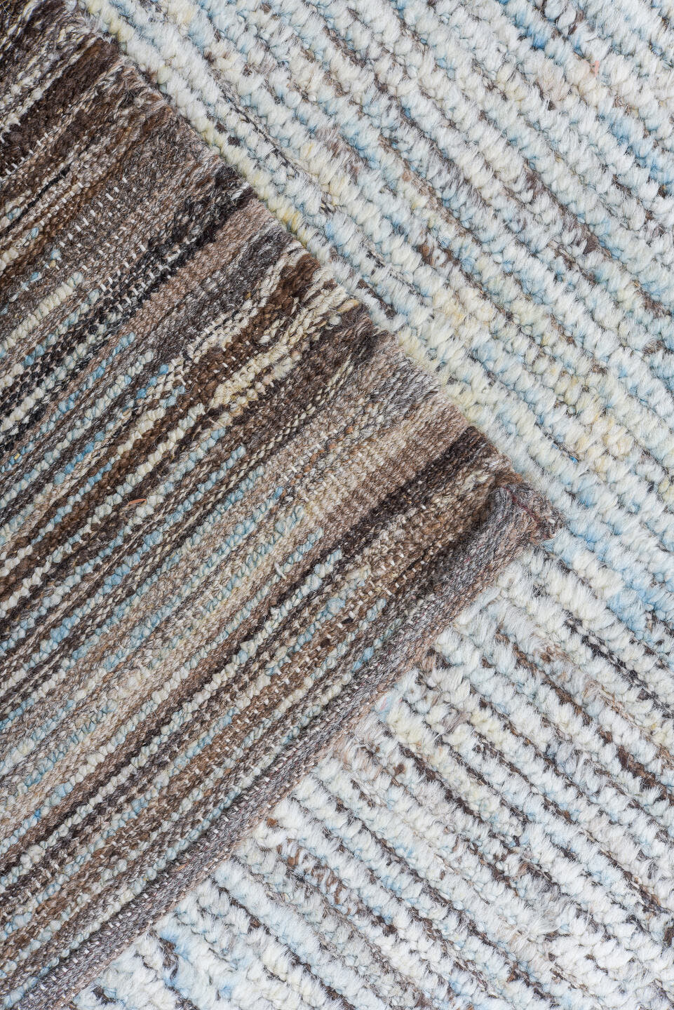 10' x 13' one-of-a-kind handmade vintage Tulu large size rug. Color palette: ivory, pale blue, taupe, brown, gray