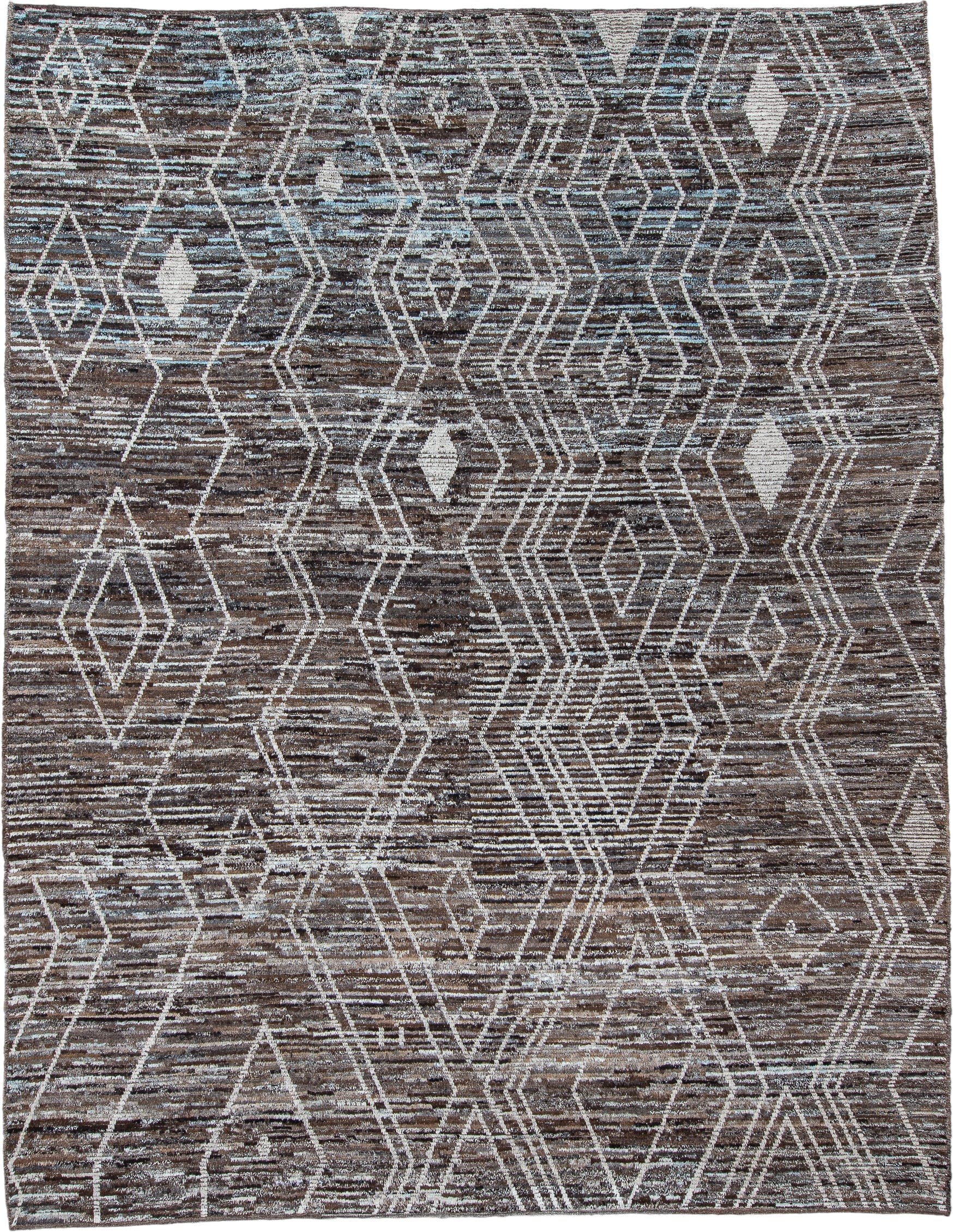 10' x 13' one-of-a-kind handmade vintage Tulu large size rug. Color palette: brown, ivory, taupe, charcoal, slate, beige