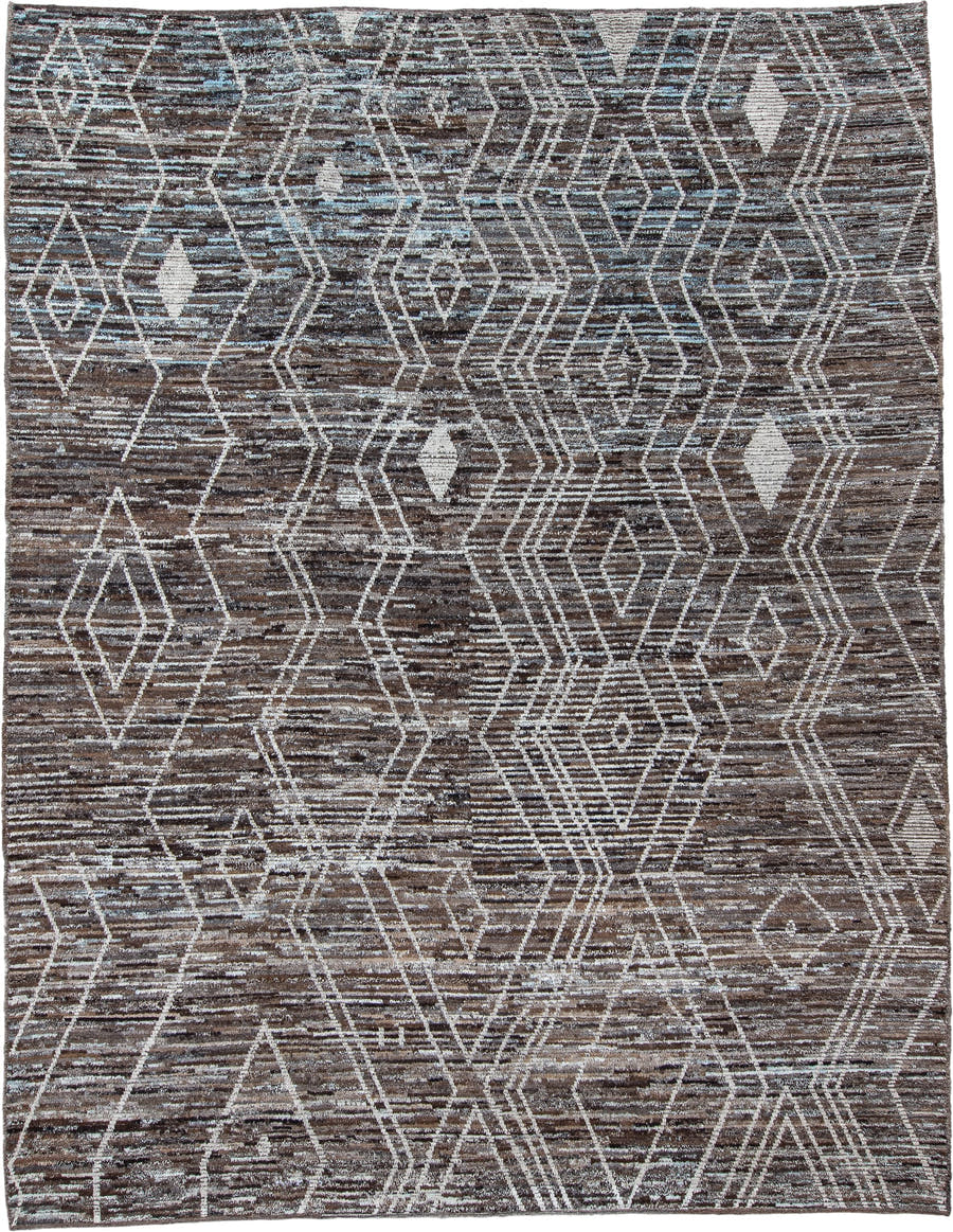 10' x 13' one-of-a-kind handmade vintage Tulu large size rug. Color palette: brown, ivory, taupe, charcoal, slate, beige