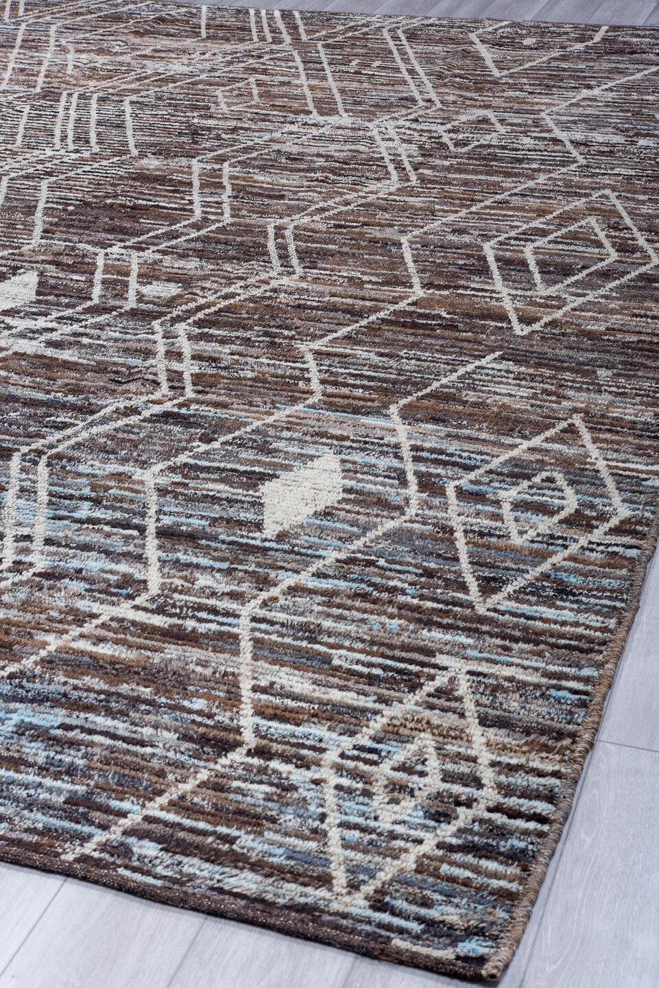 10' x 13' one-of-a-kind handmade vintage Tulu large size rug. Color palette: brown, ivory, taupe, charcoal, slate, beige