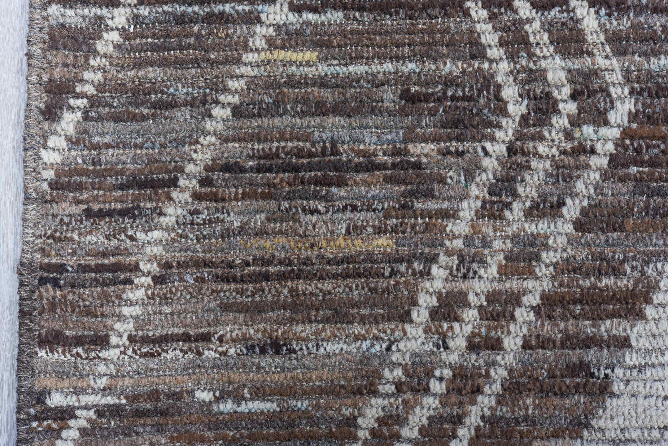 10' x 13' one-of-a-kind handmade vintage Tulu large size rug. Color palette: brown, ivory, taupe, charcoal, slate, beige