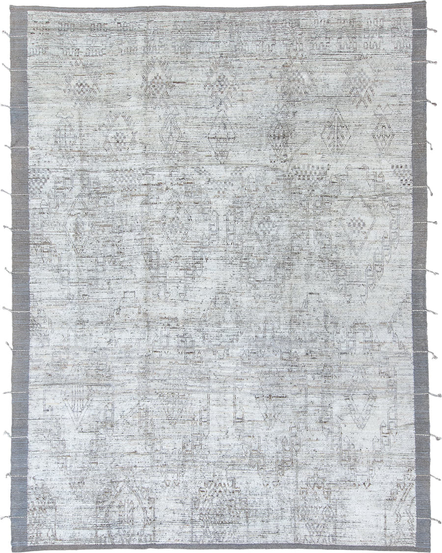9' x 12' one-of-a-kind handmade vintage Tulu large size rug. Color palette: ivory, dove gray, taupe, stone, light gray