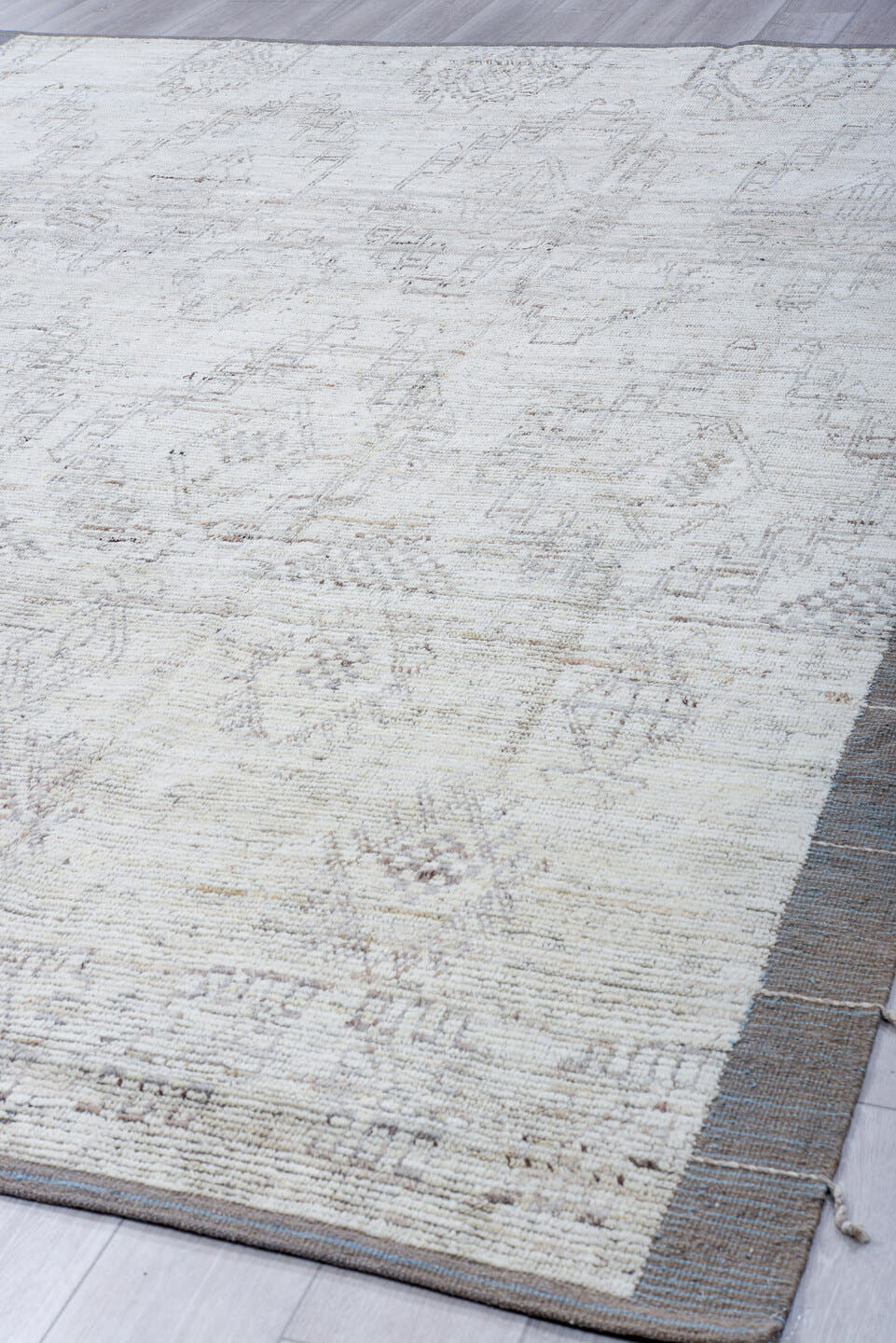9' x 12' one-of-a-kind handmade vintage Tulu large size rug. Color palette: ivory, dove gray, taupe, stone, light gray