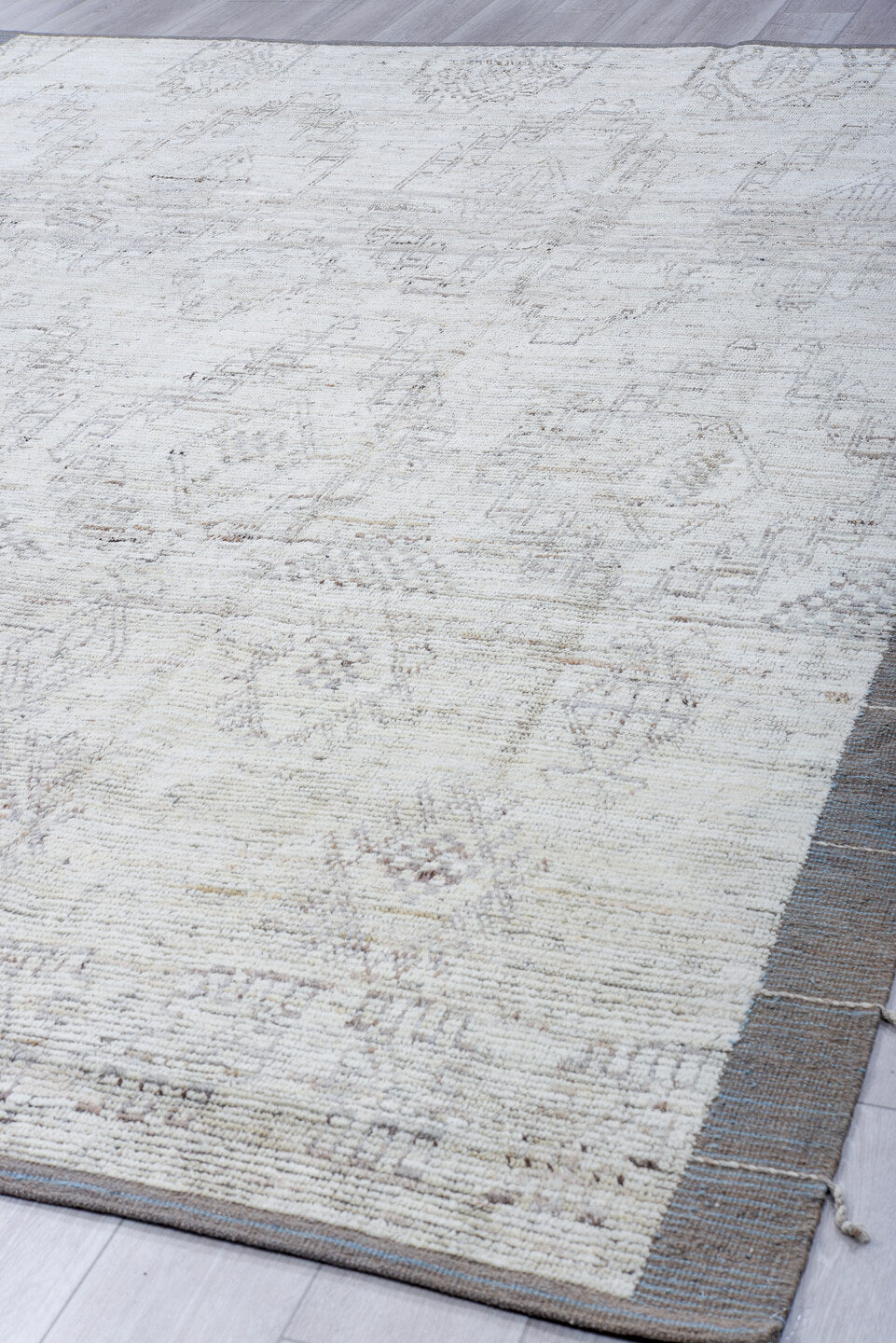 9' x 12' one-of-a-kind handmade vintage Tulu large size rug. Color palette: ivory, dove gray, taupe, stone, light gray