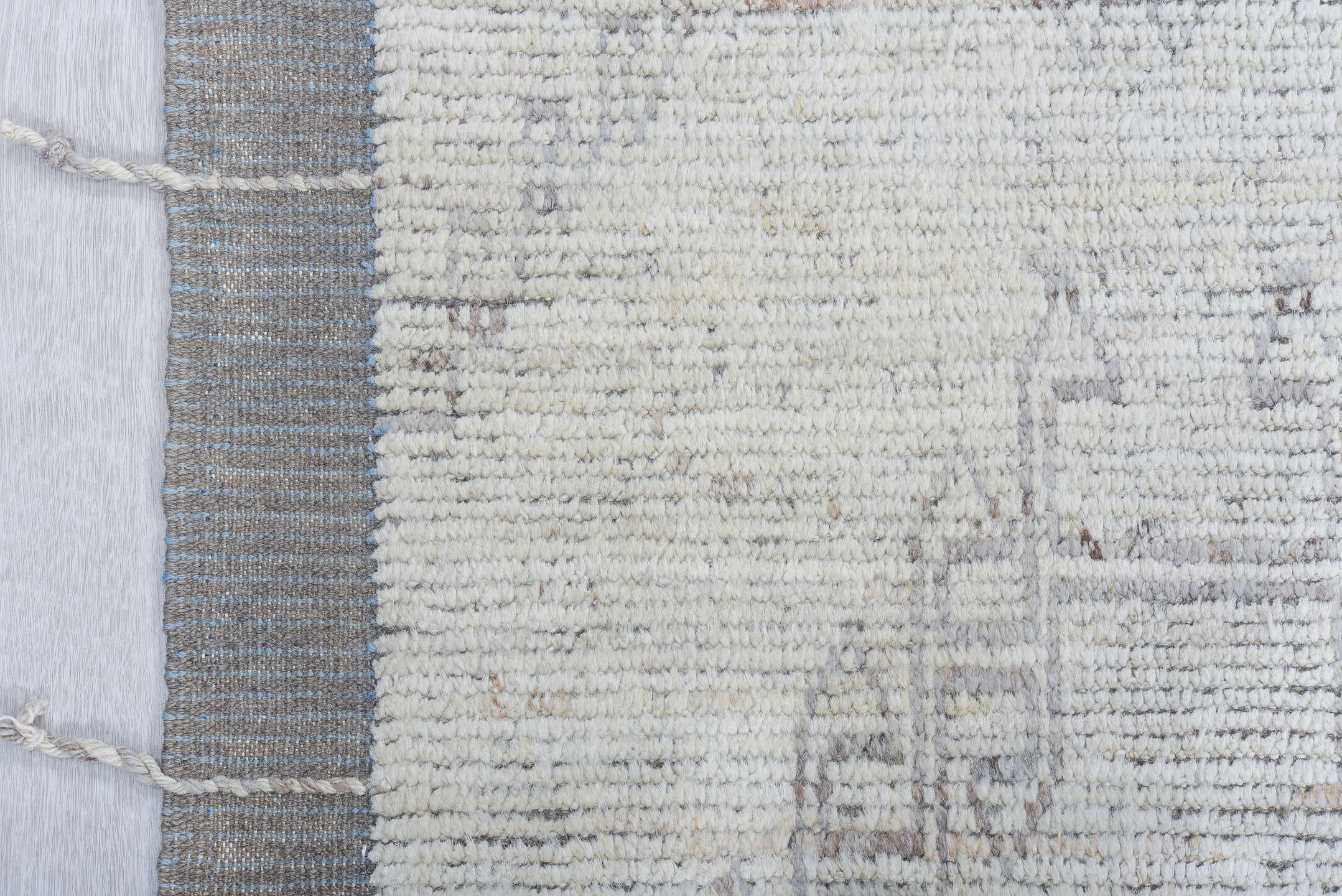 9' x 12' one-of-a-kind handmade vintage Tulu large size rug. Color palette: ivory, dove gray, taupe, stone, light gray