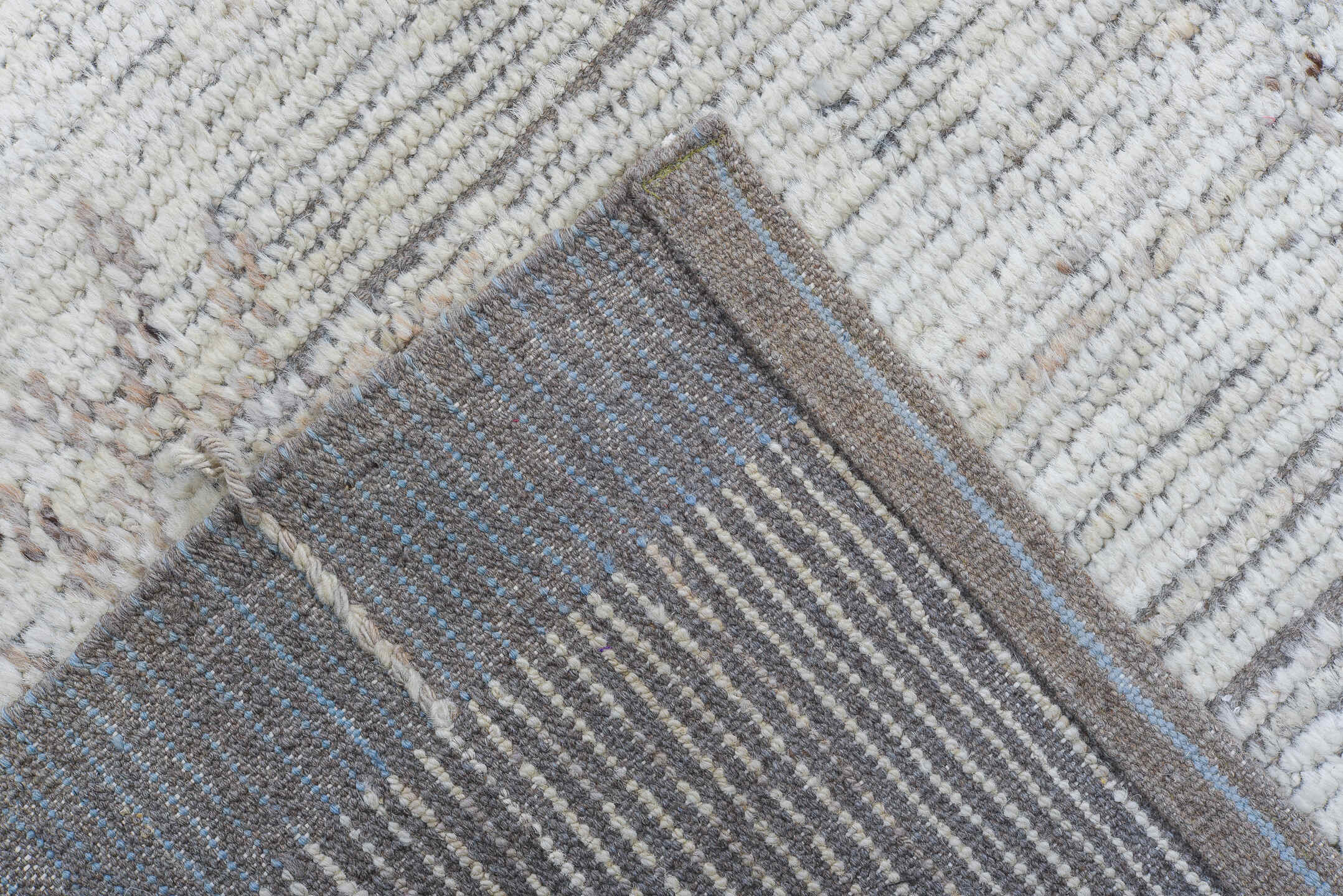 9' x 12' one-of-a-kind handmade vintage Tulu large size rug. Color palette: ivory, dove gray, taupe, stone, light gray