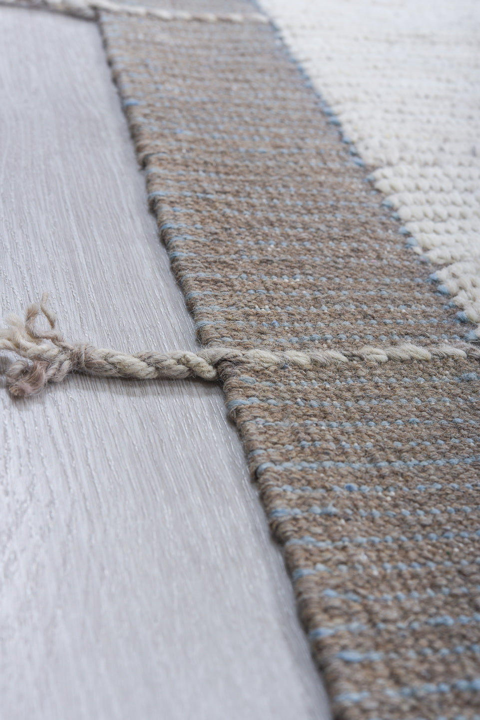 9' x 12' one-of-a-kind handmade vintage Tulu large size rug. Color palette: ivory, dove gray, taupe, stone, light gray
