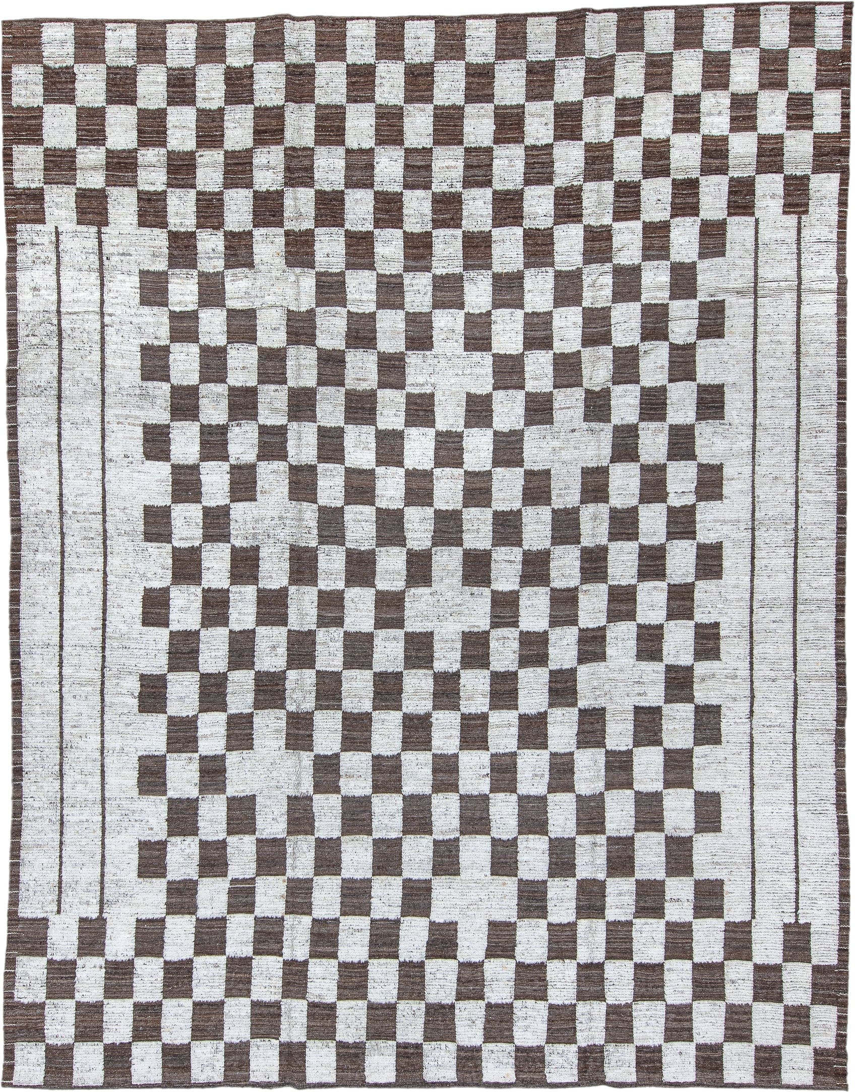 9' x 12' one-of-a-kind handmade vintage Tulu large size rug. Color palette: ivory, brown, taupe, beige, gray