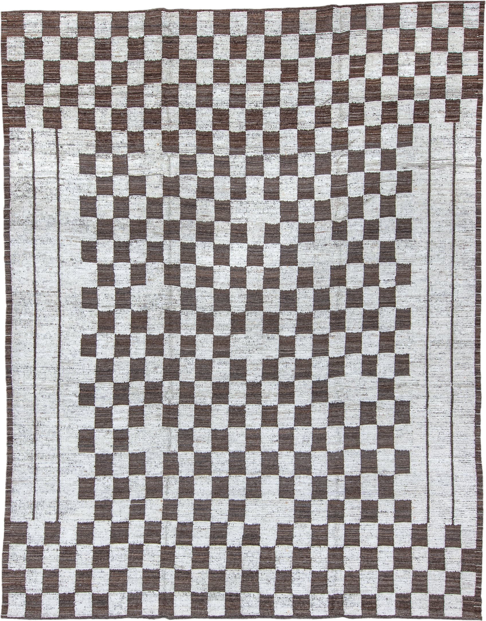 9' x 12' one-of-a-kind handmade vintage Tulu large size rug. Color palette: ivory, brown, taupe, beige, gray