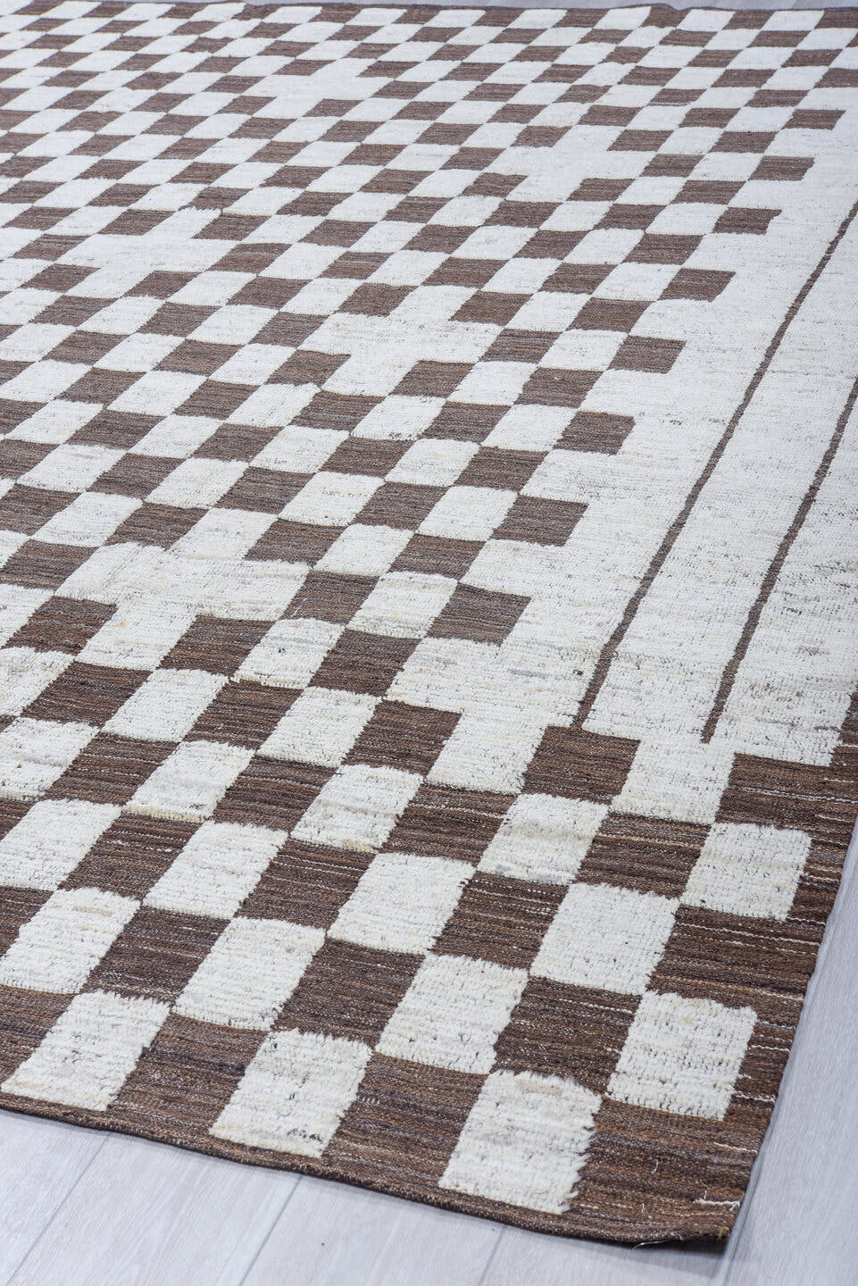 9' x 12' one-of-a-kind handmade vintage Tulu large size rug. Color palette: ivory, brown, taupe, beige, gray