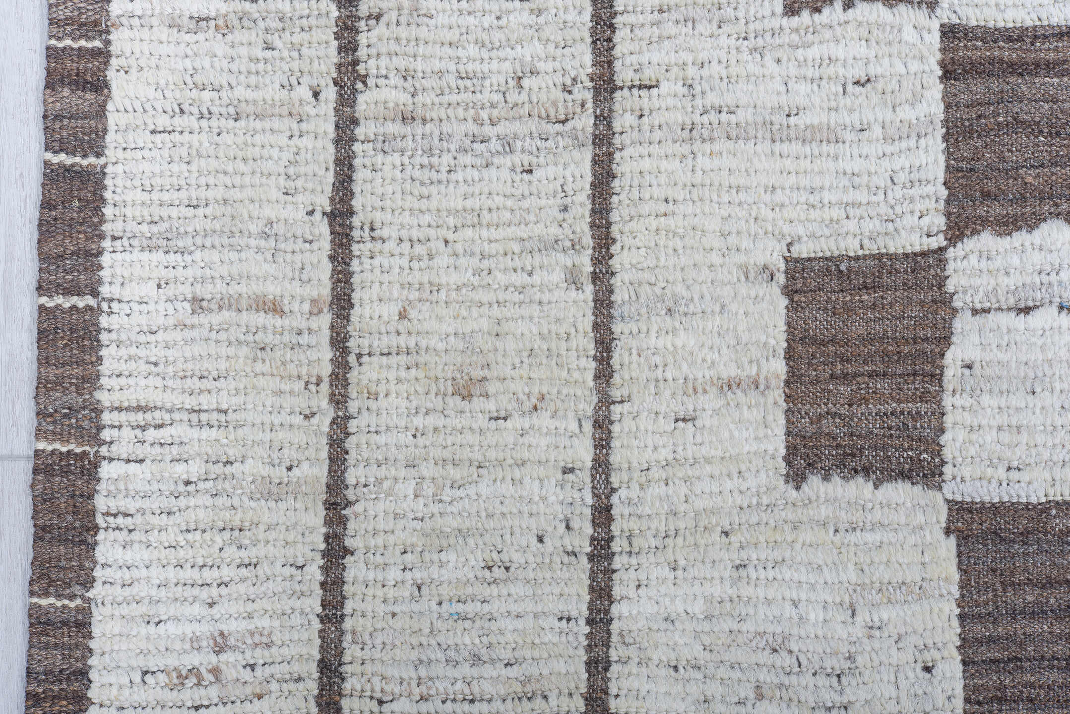 9' x 12' one-of-a-kind handmade vintage Tulu large size rug. Color palette: ivory, brown, taupe, beige, gray