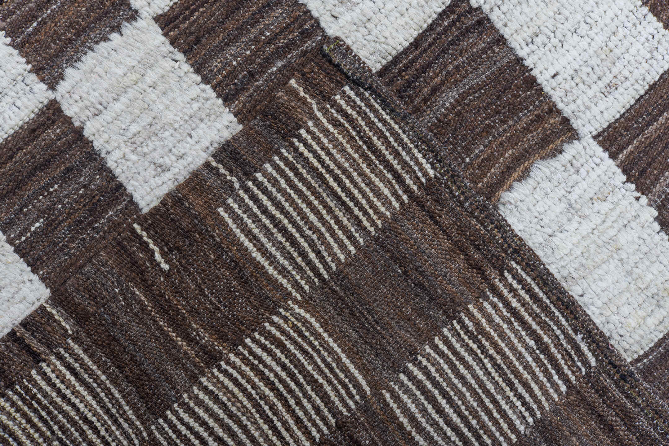 9' x 12' one-of-a-kind handmade vintage Tulu large size rug. Color palette: ivory, brown, taupe, beige, gray