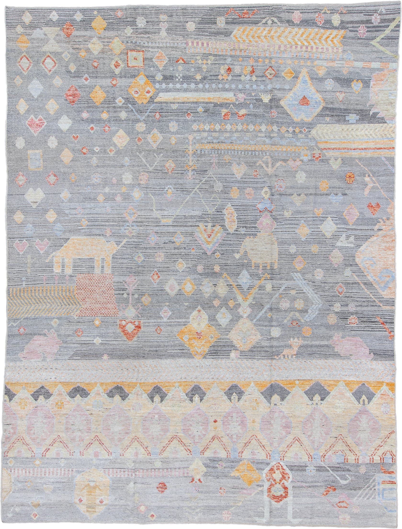 10' x 13' one-of-a-kind handmade vintage Tulu large size rug. Color palette: gray, ivory, blush, saffron, coral, taupe