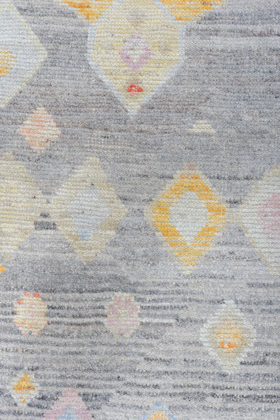 10' x 13' one-of-a-kind handmade vintage Tulu large size rug. Color palette: gray, ivory, blush, saffron, coral, taupe