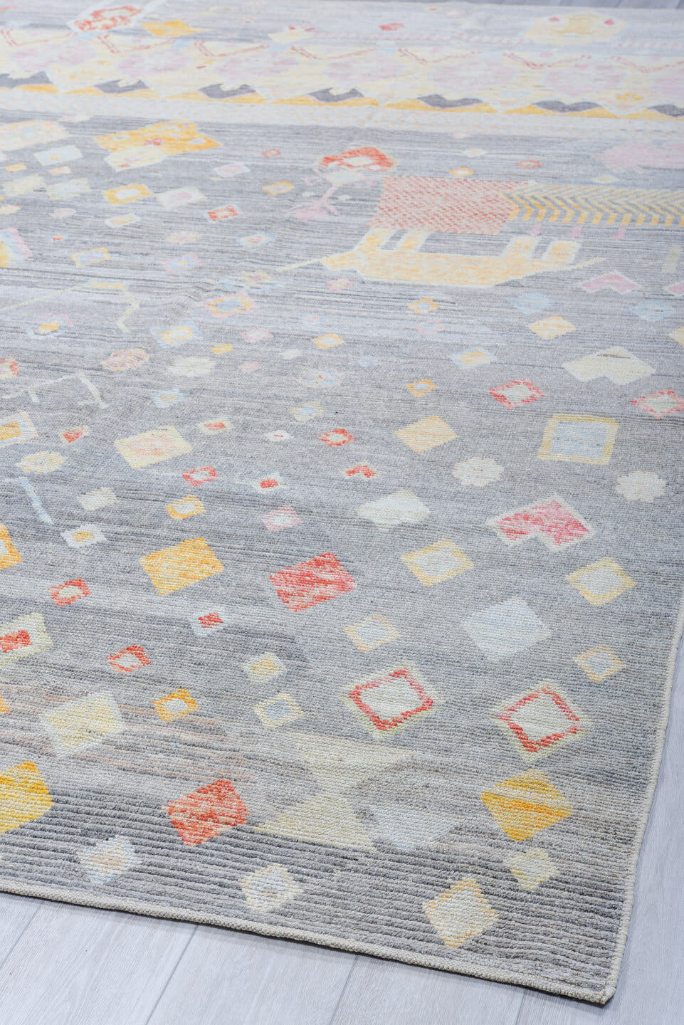 10' x 13' one-of-a-kind handmade vintage Tulu large size rug. Color palette: gray, ivory, blush, saffron, coral, taupe