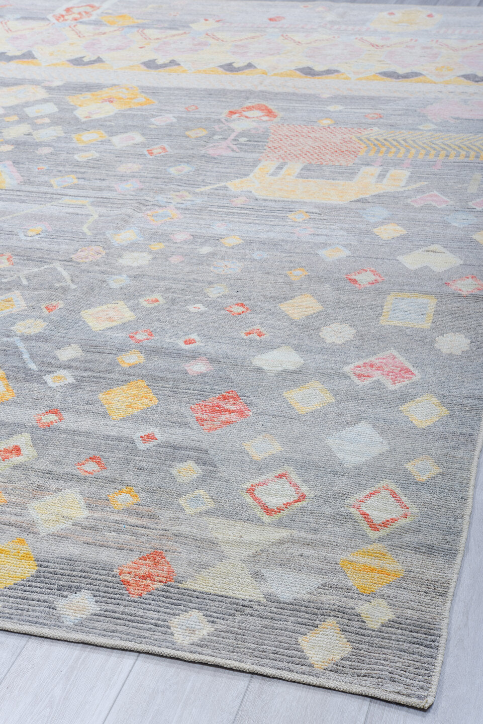 10' x 13' one-of-a-kind handmade vintage Tulu large size rug. Color palette: gray, ivory, blush, saffron, coral, taupe