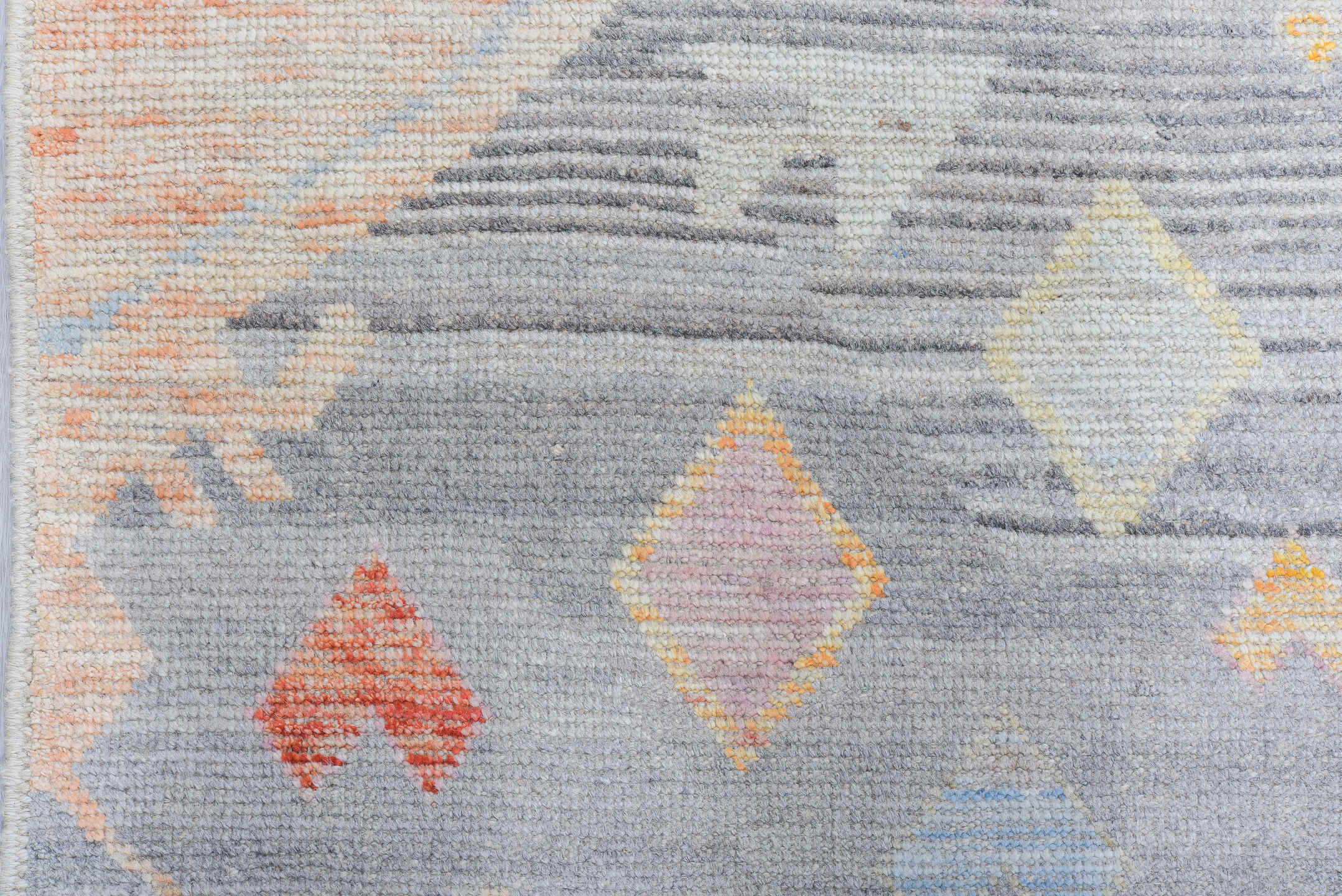 10' x 13' one-of-a-kind handmade vintage Tulu large size rug. Color palette: gray, ivory, blush, saffron, coral, taupe