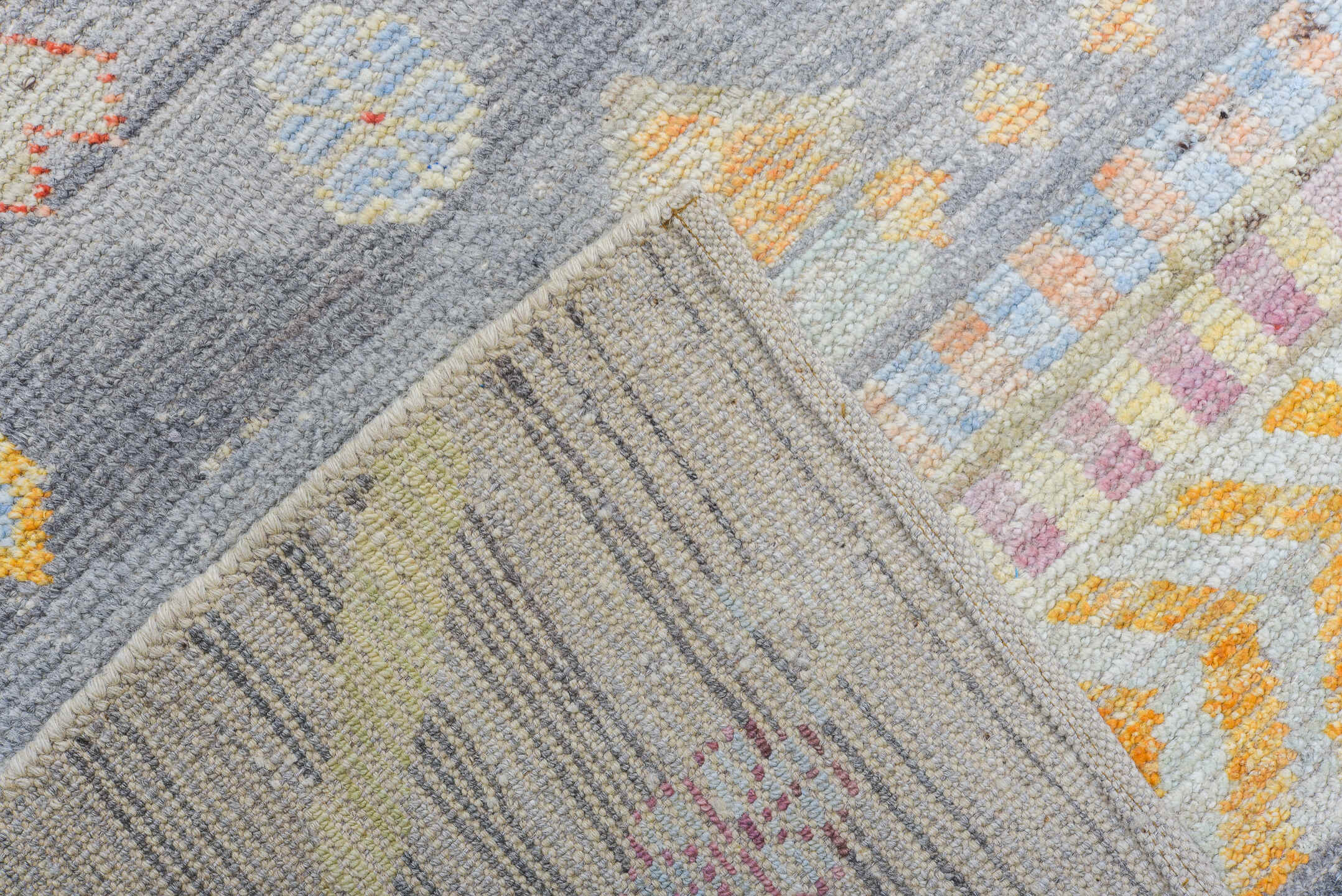 10' x 13' one-of-a-kind handmade vintage Tulu large size rug. Color palette: gray, ivory, blush, saffron, coral, taupe