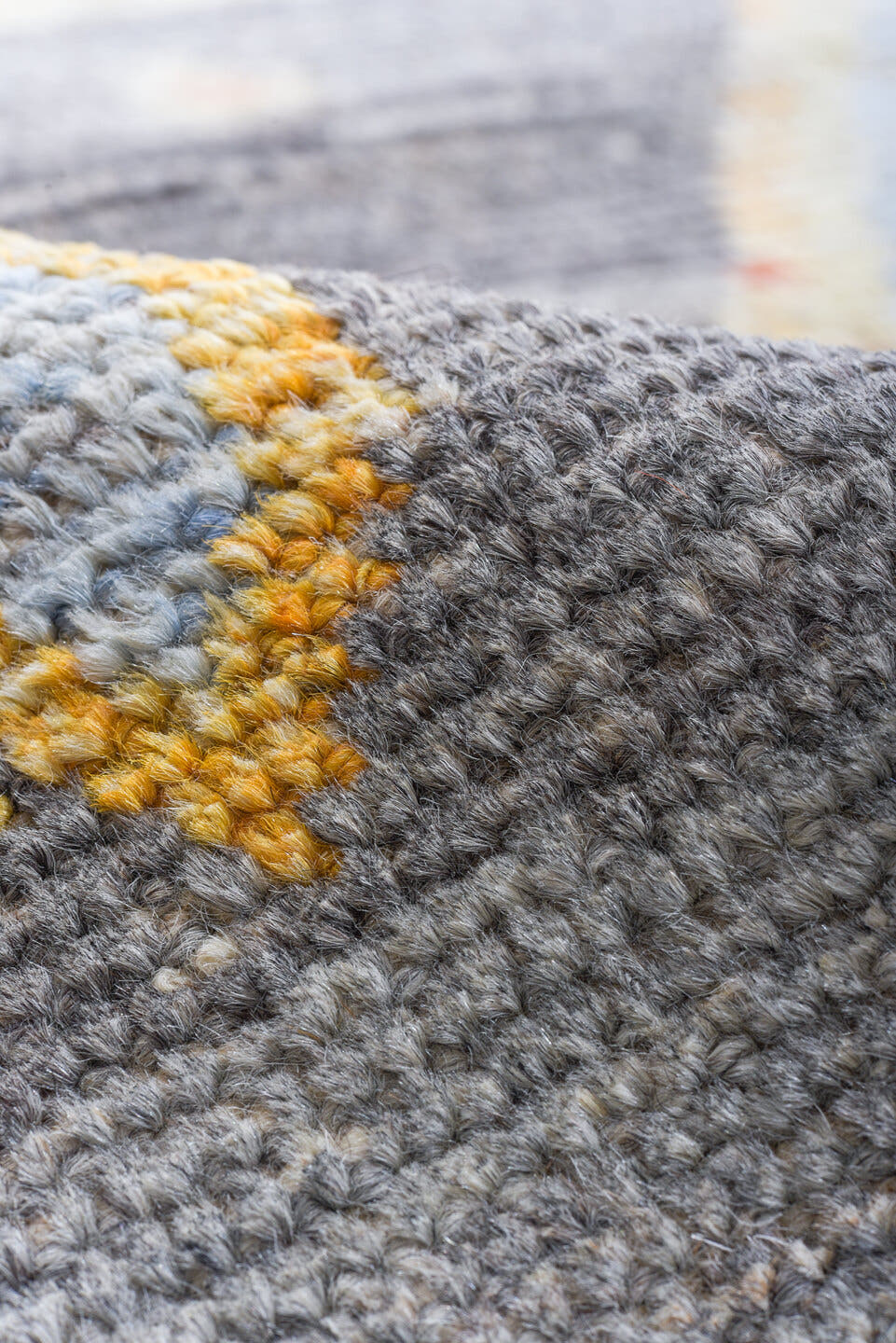 10' x 13' one-of-a-kind handmade vintage Tulu large size rug. Color palette: gray, ivory, blush, saffron, coral, taupe