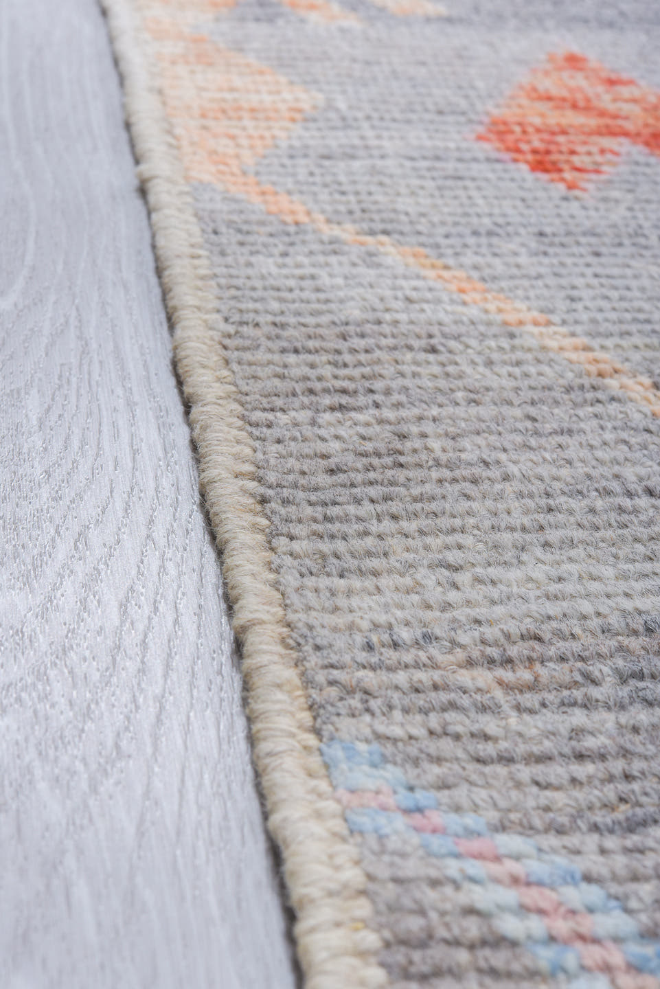 10' x 13' one-of-a-kind handmade vintage Tulu large size rug. Color palette: gray, ivory, blush, saffron, coral, taupe