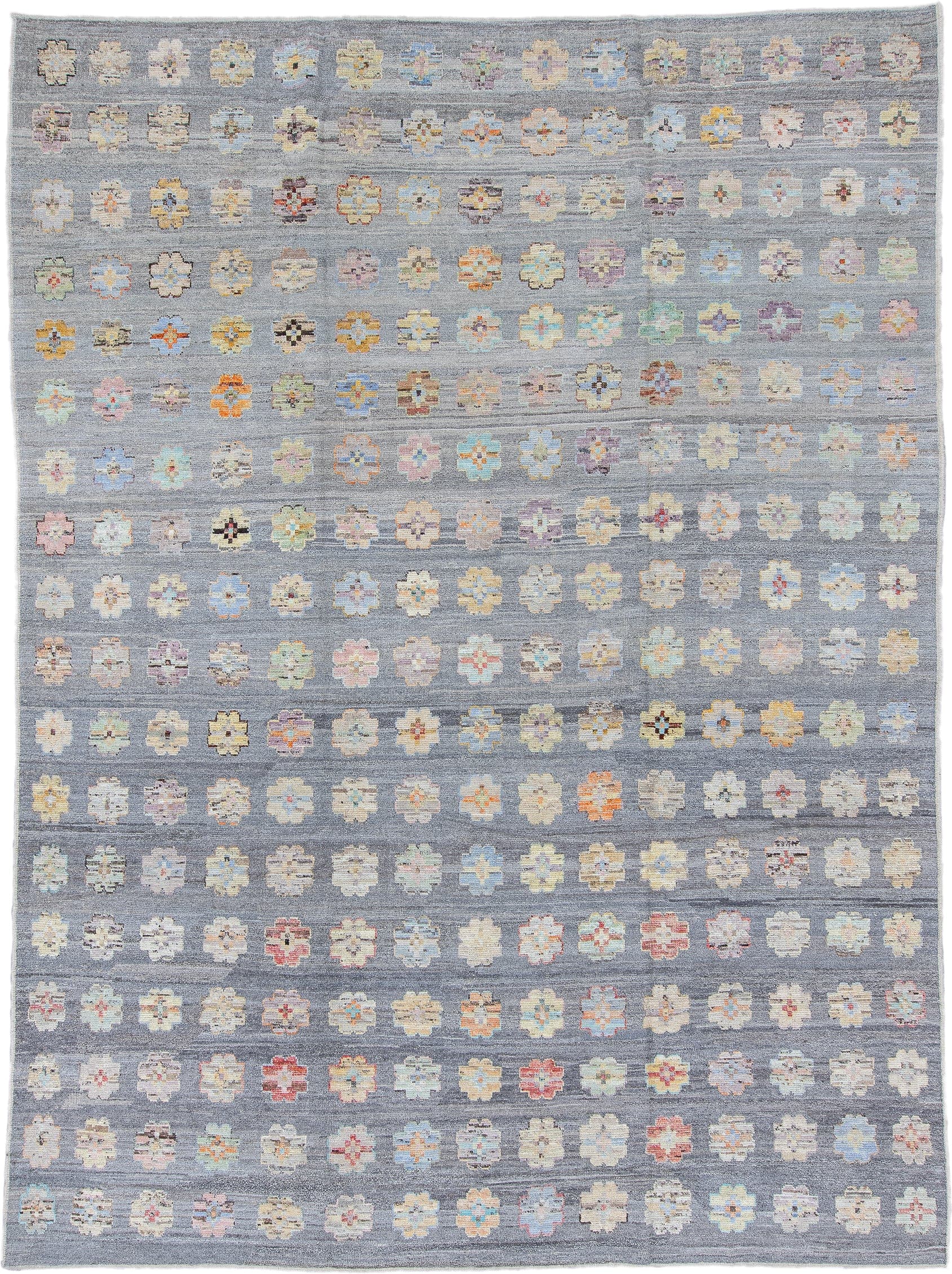 10' x 13' one-of-a-kind handmade vintage Tulu large size rug. Color palette: gray, ivory, pale blue, cream, saffron, blush