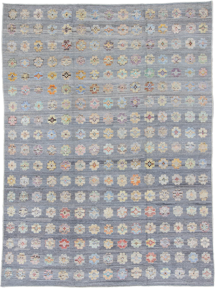 10' x 13' one-of-a-kind handmade vintage Tulu large size rug. Color palette: gray, ivory, pale blue, cream, saffron, blush