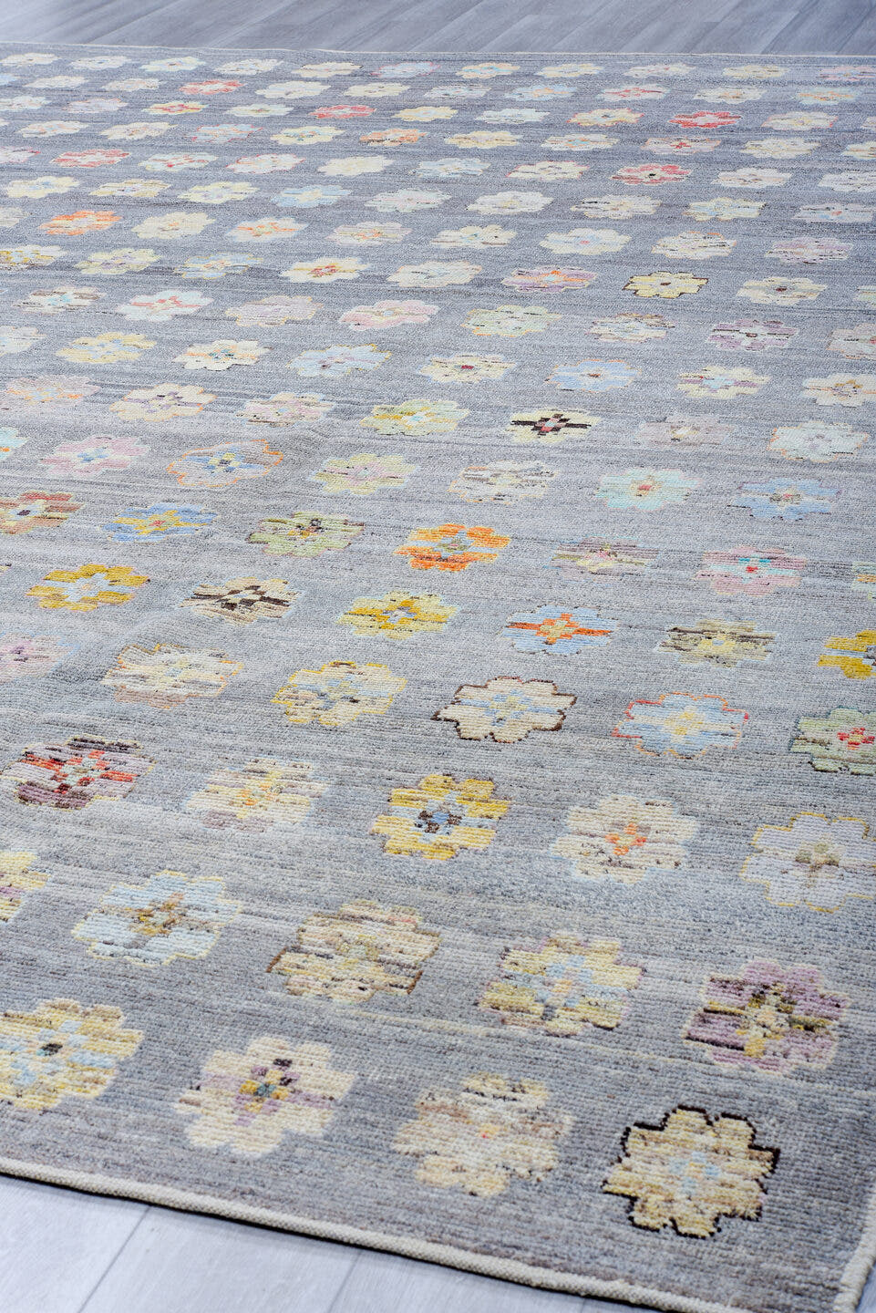 10' x 13' one-of-a-kind handmade vintage Tulu large size rug. Color palette: gray, ivory, pale blue, cream, saffron, blush
