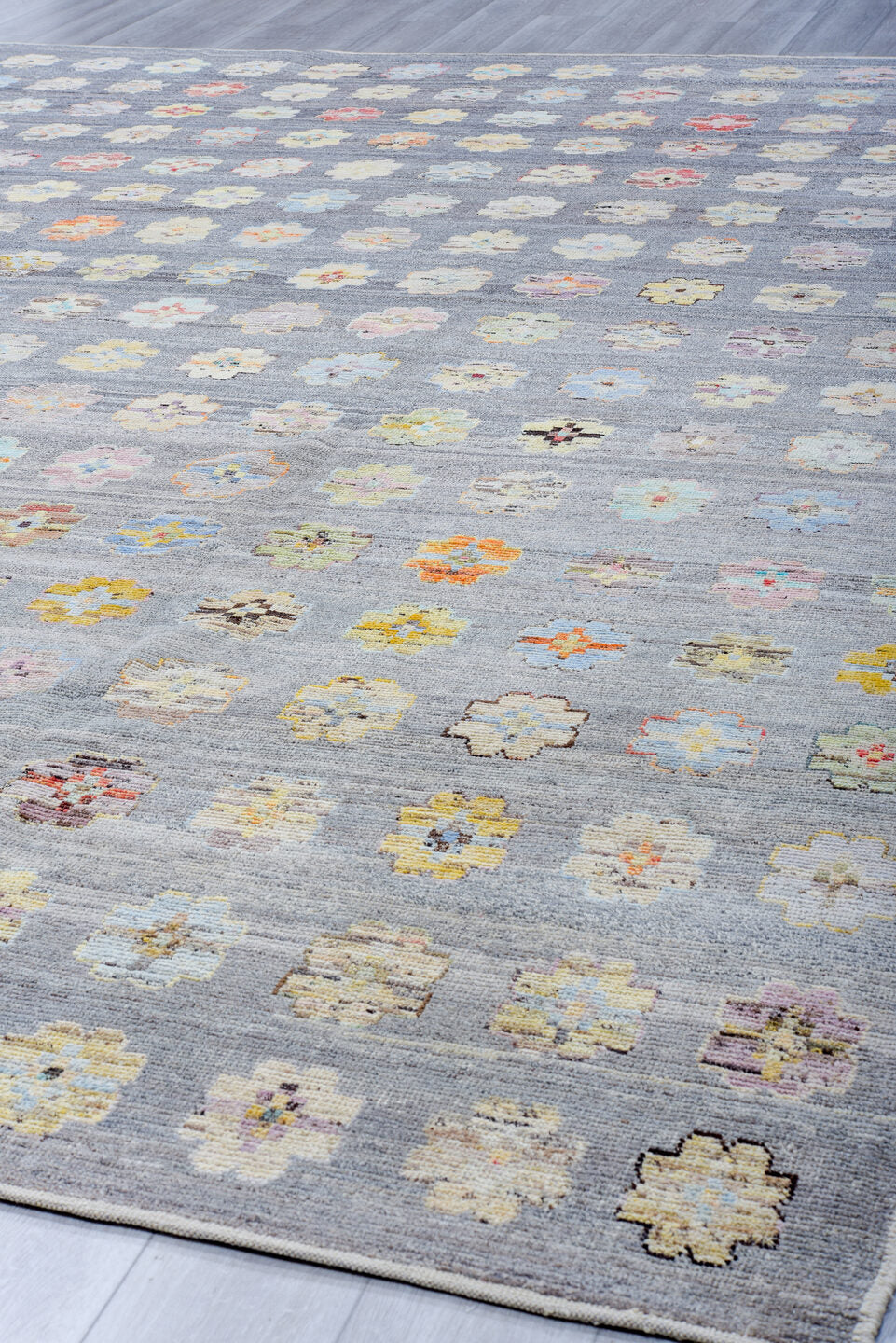 10' x 13' one-of-a-kind handmade vintage Tulu large size rug. Color palette: gray, ivory, pale blue, cream, saffron, blush
