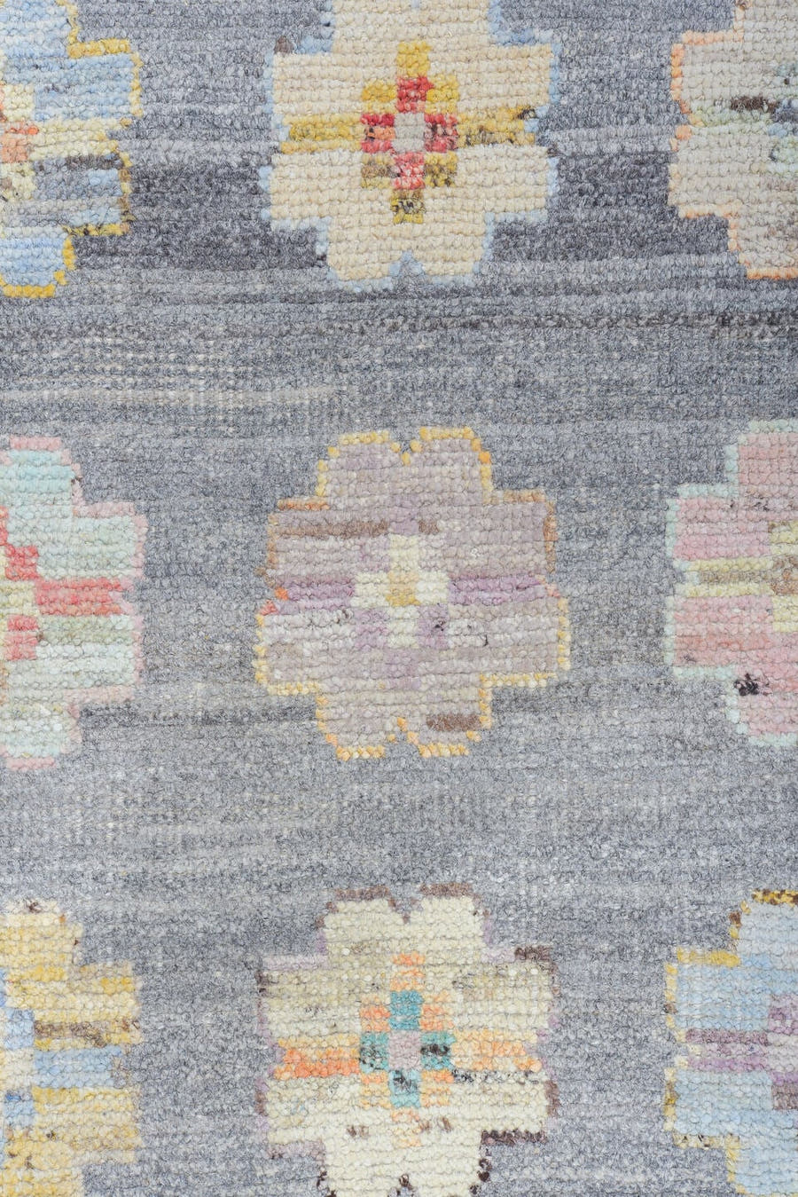 10' x 13' one-of-a-kind handmade vintage Tulu large size rug. Color palette: gray, ivory, pale blue, cream, saffron, blush