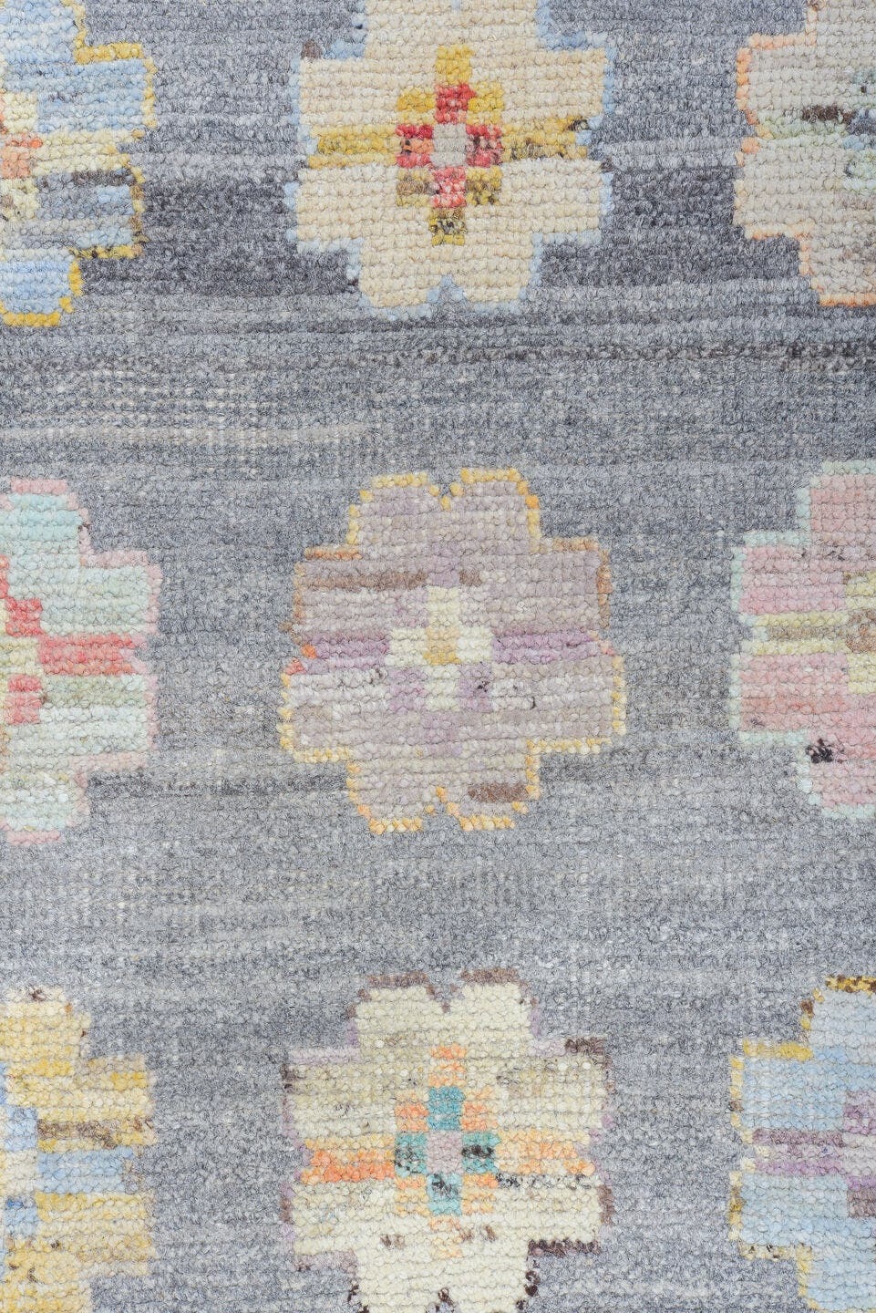 10' x 13' one-of-a-kind handmade vintage Tulu large size rug. Color palette: gray, ivory, pale blue, cream, saffron, blush