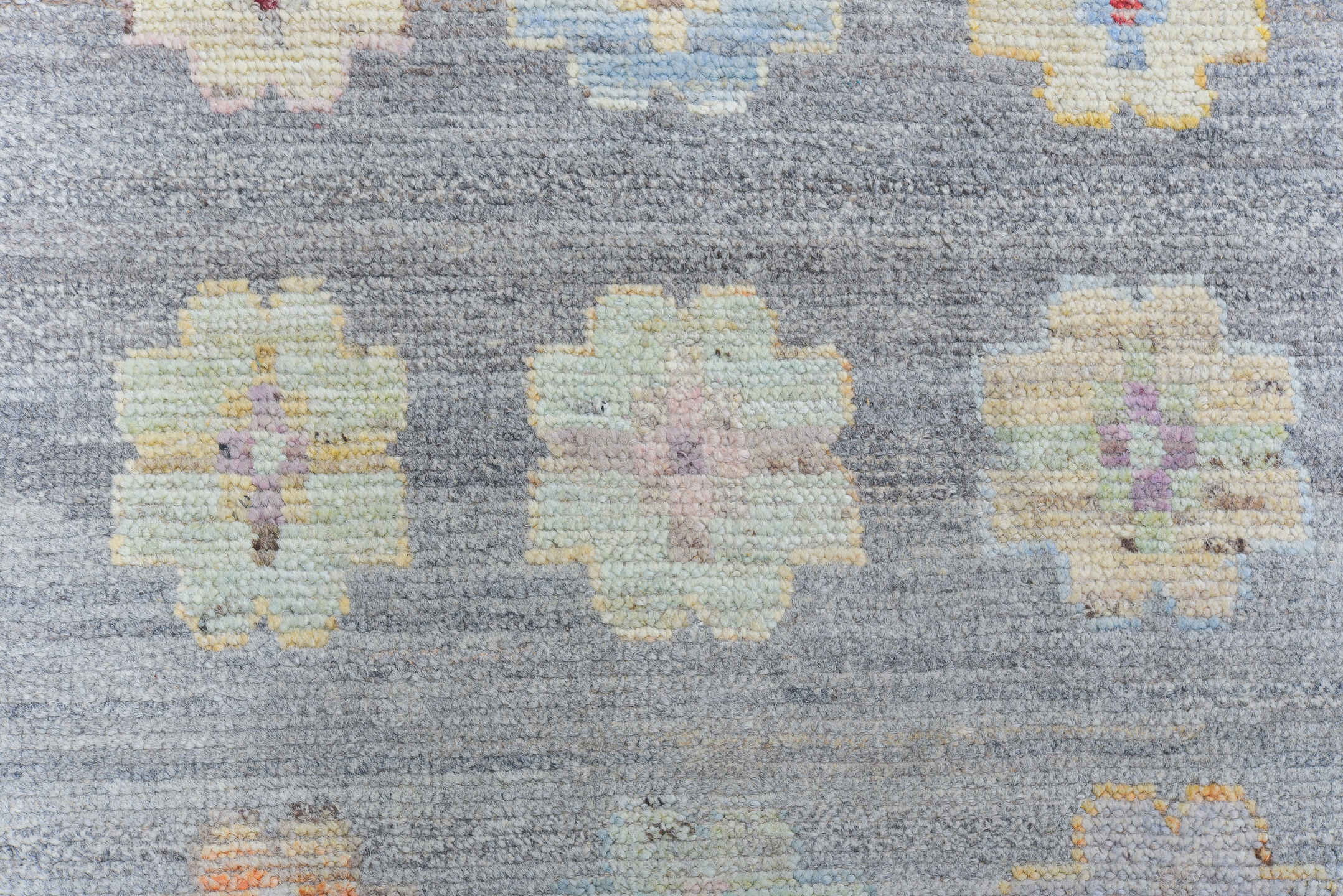 10' x 13' one-of-a-kind handmade vintage Tulu large size rug. Color palette: gray, ivory, pale blue, cream, saffron, blush