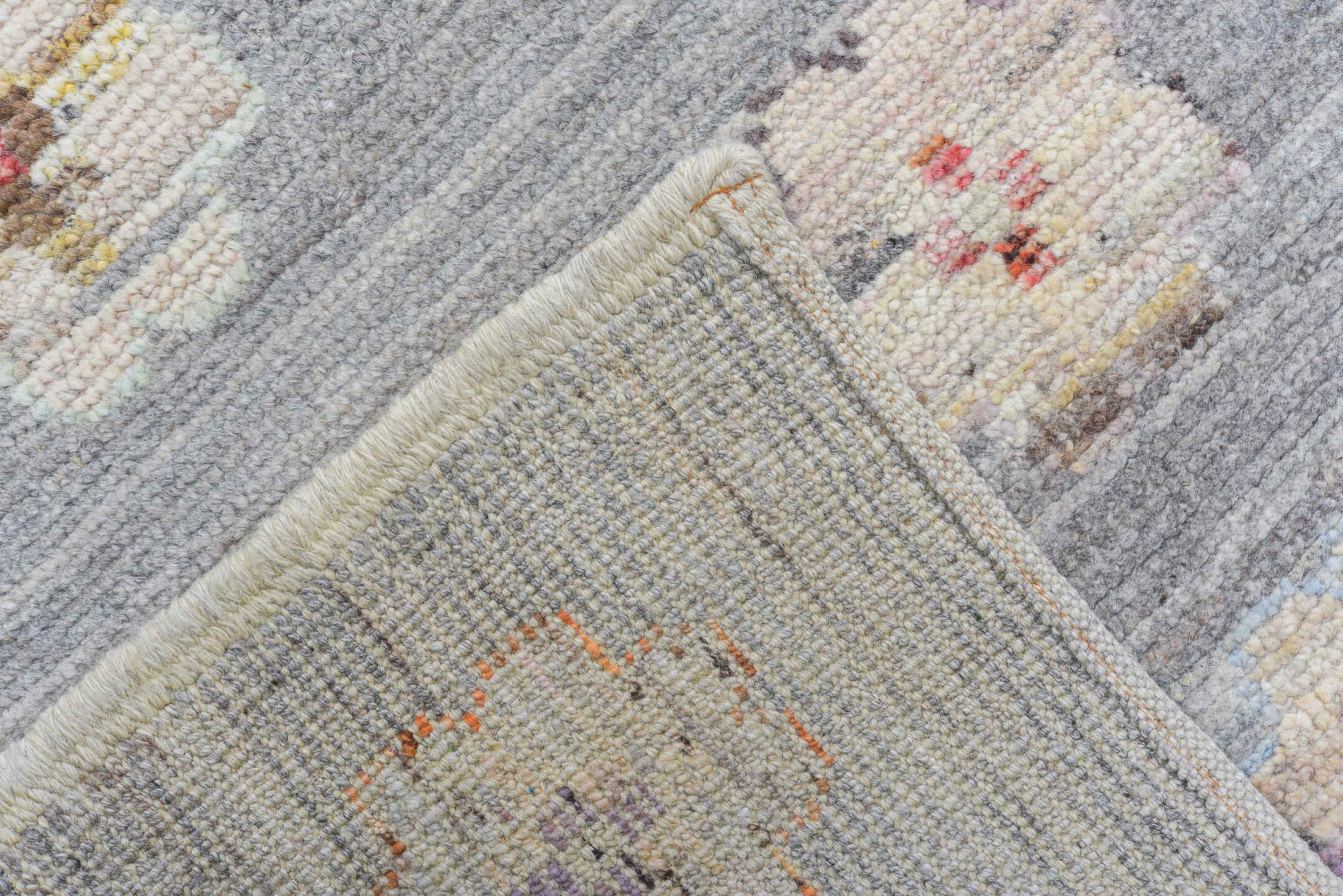 10' x 13' one-of-a-kind handmade vintage Tulu large size rug. Color palette: gray, ivory, pale blue, cream, saffron, blush