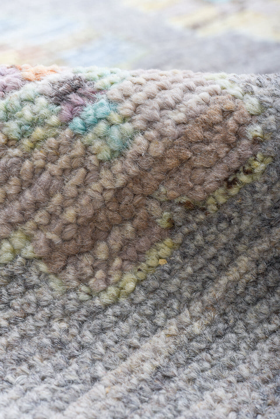 10' x 13' one-of-a-kind handmade vintage Tulu large size rug. Color palette: gray, ivory, pale blue, cream, saffron, blush