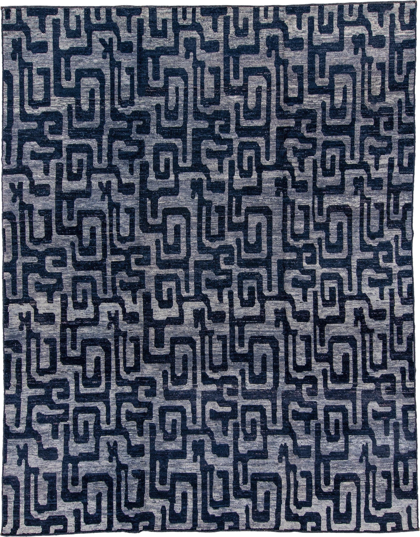 9' x 11' one-of-a-kind handmade vintage Tulu large size rug. Color palette: navy, silver, slate, charcoal, ivory, blue, gray