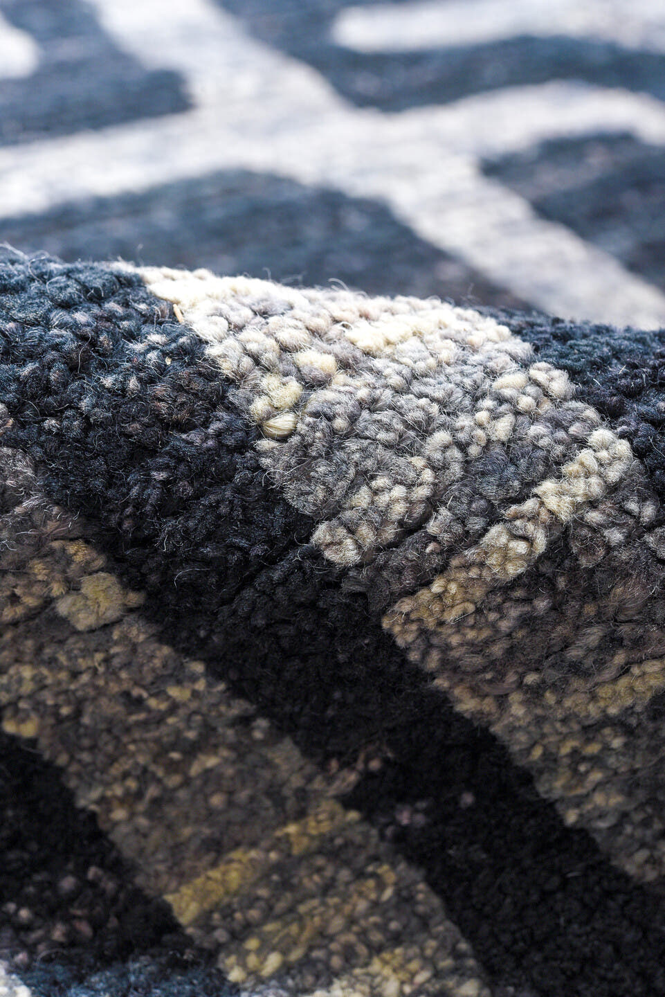 9' x 11' one-of-a-kind handmade vintage Tulu large size rug. Color palette: navy, silver, slate, charcoal, ivory, blue, gray