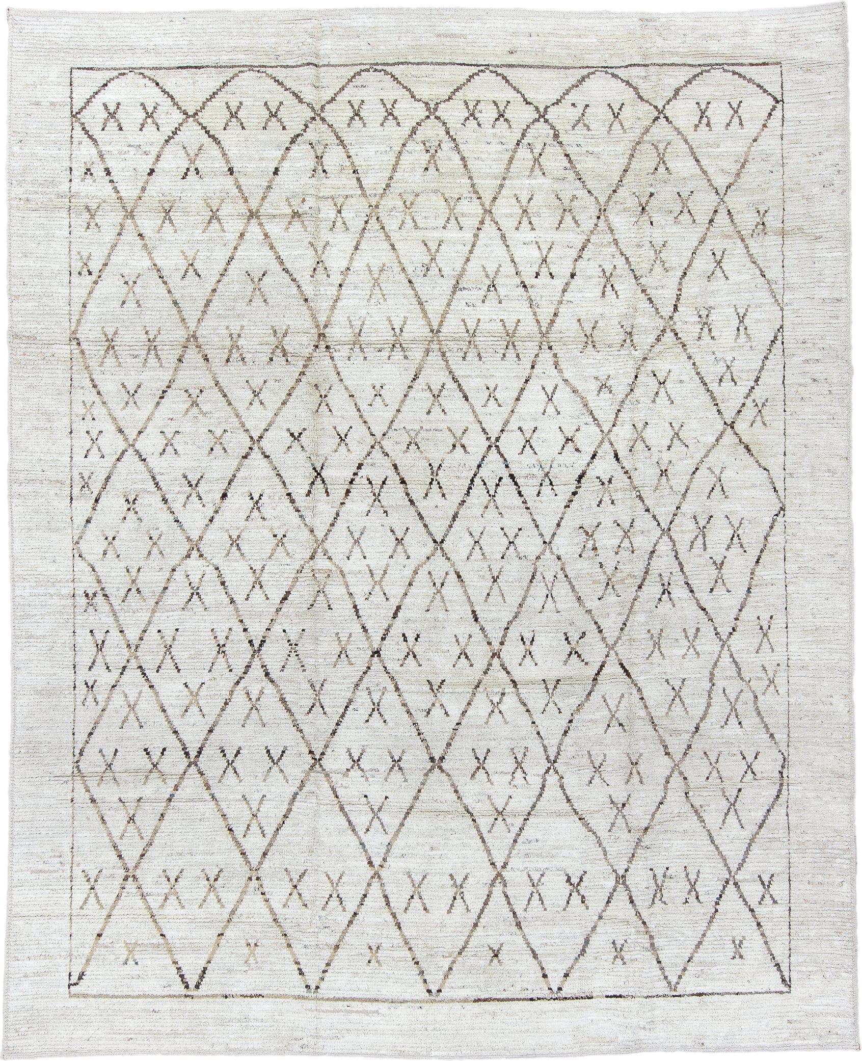 9' x 11' one-of-a-kind handmade vintage Tulu large size rug. Color palette: ivory, taupe, brown, camel, beige, gray