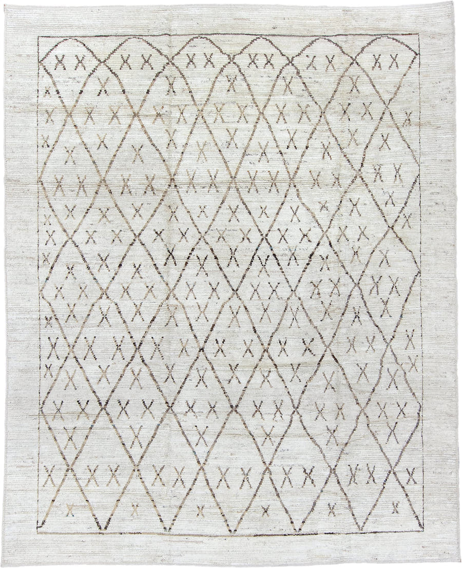 9' x 11' one-of-a-kind handmade vintage Tulu large size rug. Color palette: ivory, taupe, brown, camel, beige, gray