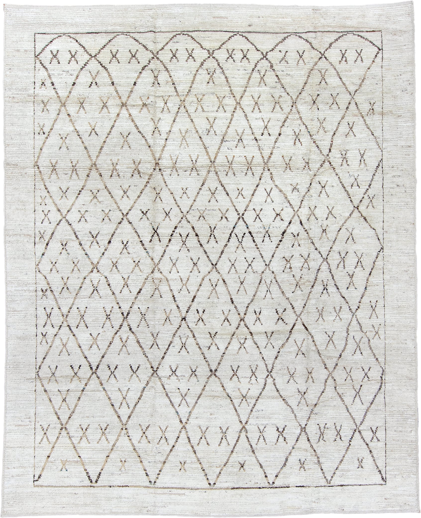 9' x 11' one-of-a-kind handmade vintage Tulu large size rug. Color palette: ivory, taupe, brown, camel, beige, gray