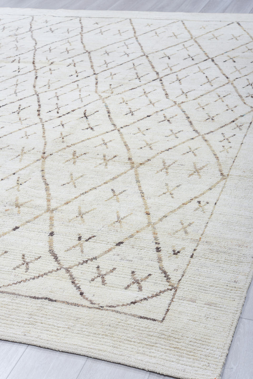 9' x 11' one-of-a-kind handmade vintage Tulu large size rug. Color palette: ivory, taupe, brown, camel, beige, gray