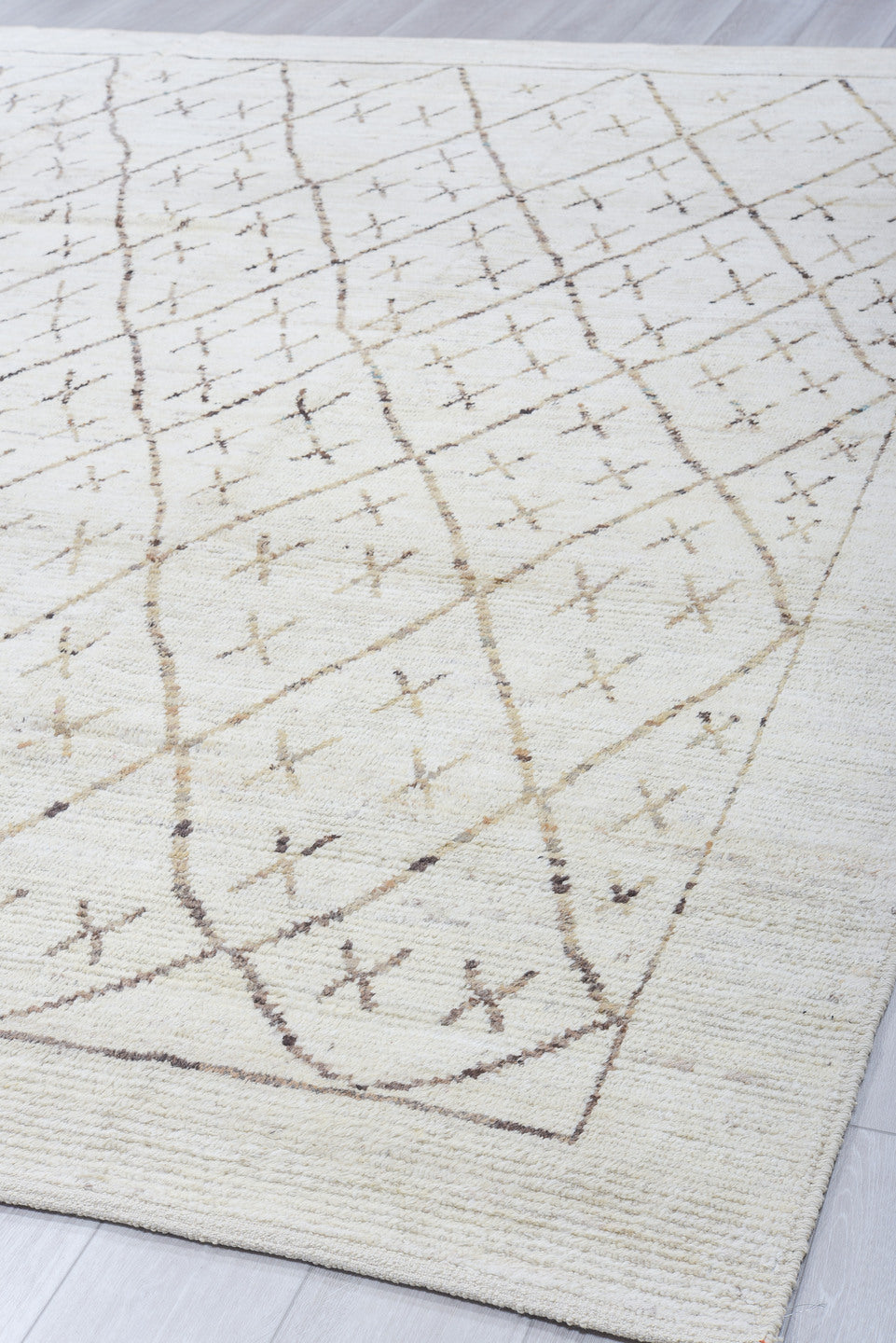 9' x 11' one-of-a-kind handmade vintage Tulu large size rug. Color palette: ivory, taupe, brown, camel, beige, gray