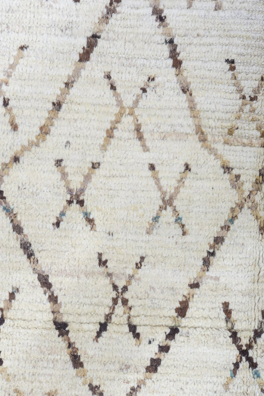 9' x 11' one-of-a-kind handmade vintage Tulu large size rug. Color palette: ivory, taupe, brown, camel, beige, gray