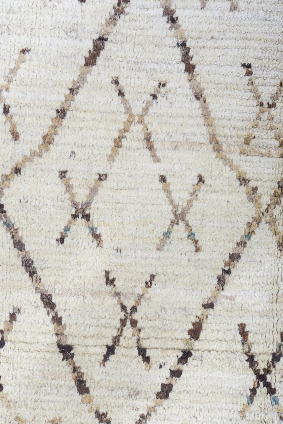 9' x 11' one-of-a-kind handmade vintage Tulu large size rug. Color palette: ivory, taupe, brown, camel, beige, gray