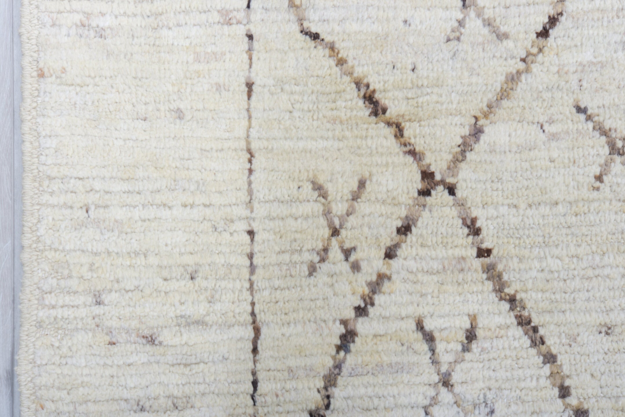 9' x 11' one-of-a-kind handmade vintage Tulu large size rug. Color palette: ivory, taupe, brown, camel, beige, gray