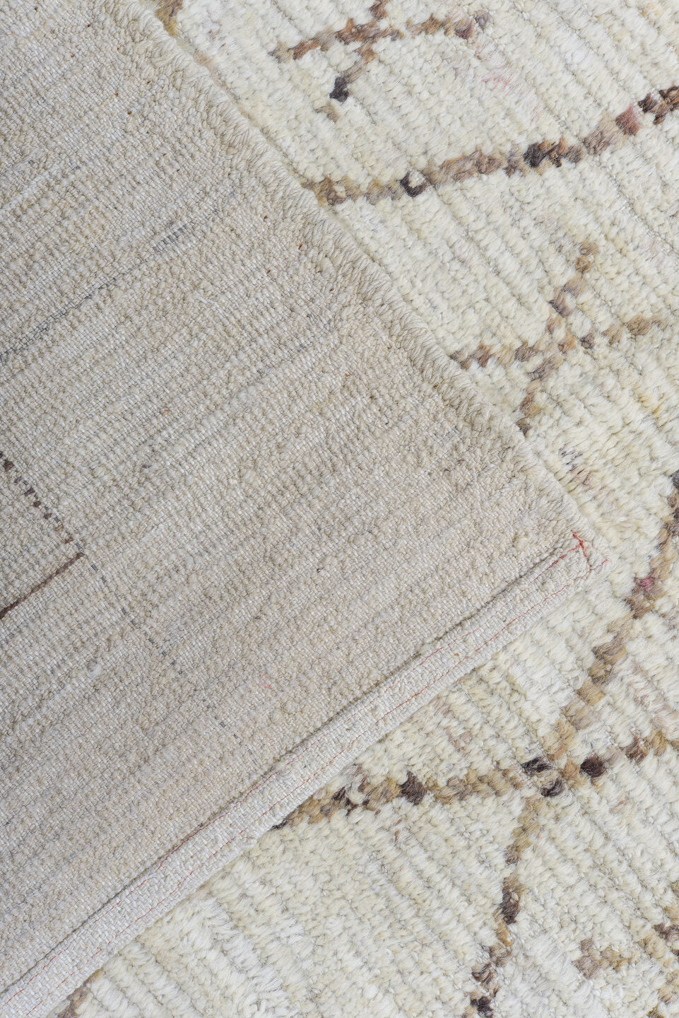 9' x 11' one-of-a-kind handmade vintage Tulu large size rug. Color palette: ivory, taupe, brown, camel, beige, gray