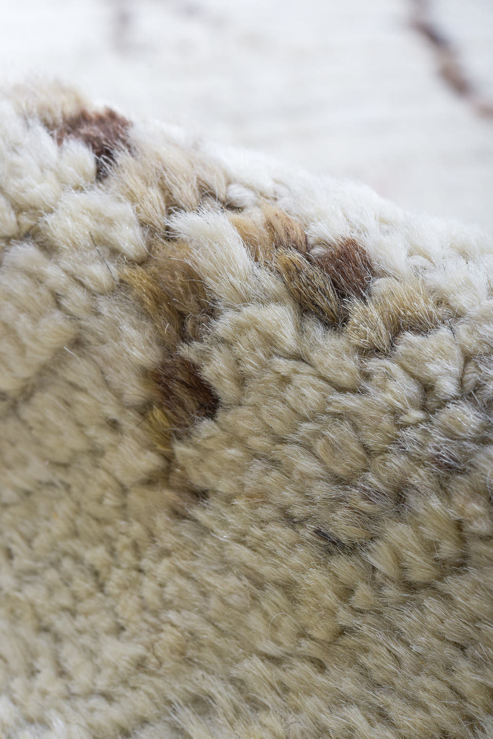 9' x 11' one-of-a-kind handmade vintage Tulu large size rug. Color palette: ivory, taupe, brown, camel, beige, gray