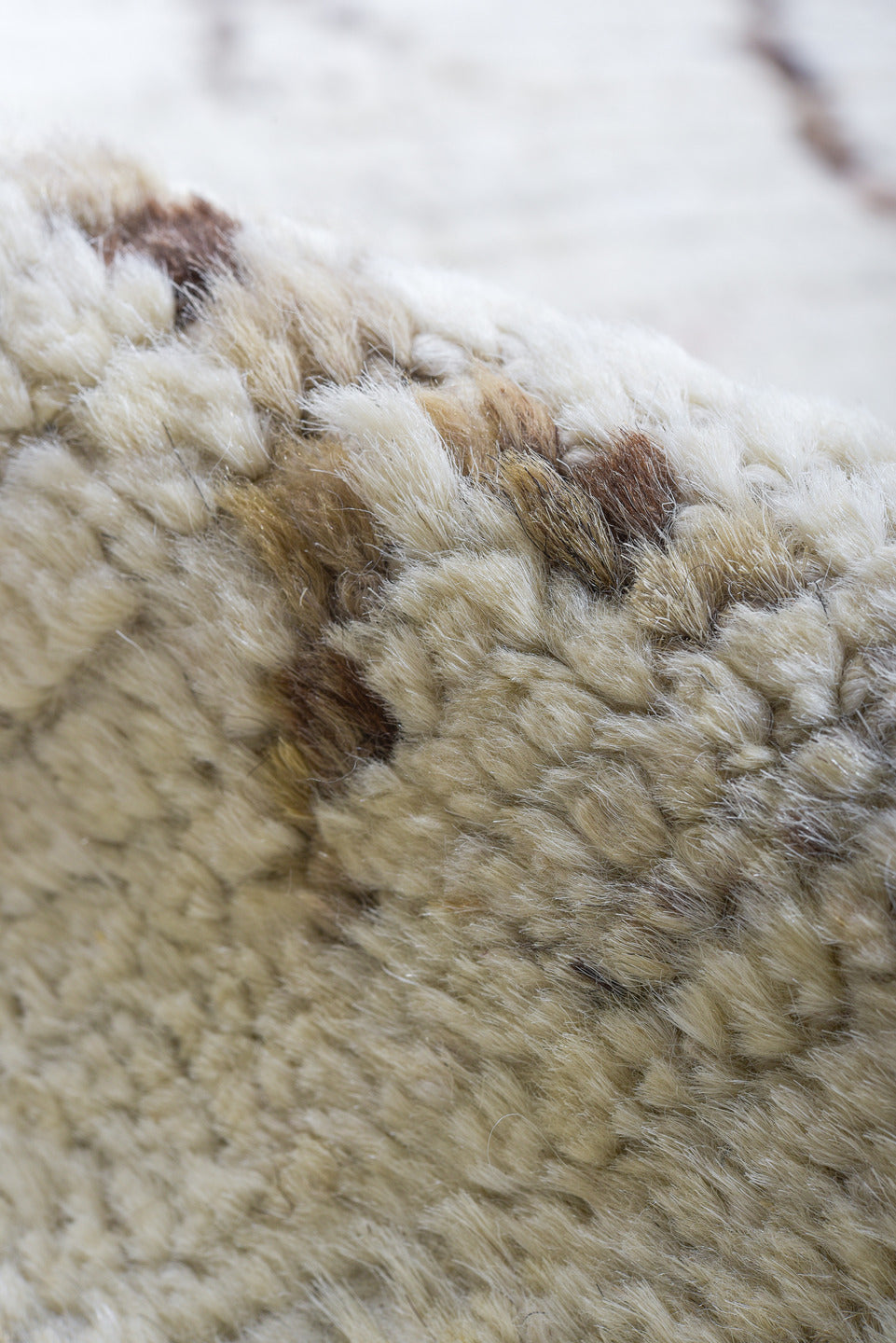 9' x 11' one-of-a-kind handmade vintage Tulu large size rug. Color palette: ivory, taupe, brown, camel, beige, gray